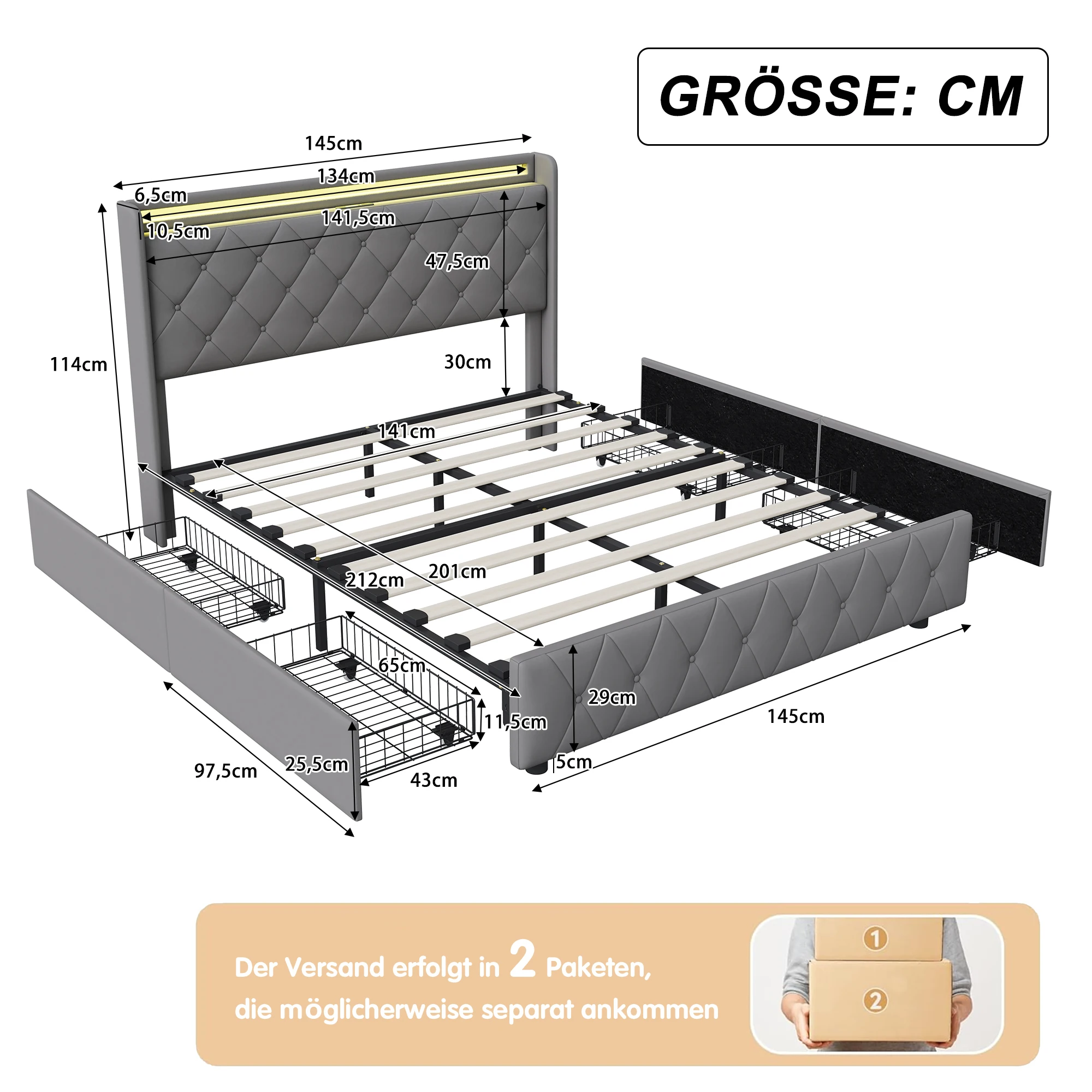 Rosahqnda Youth Bed 90X200cm with LED,Upholstered Bed Single Bed with Storage Space 2 Drawers