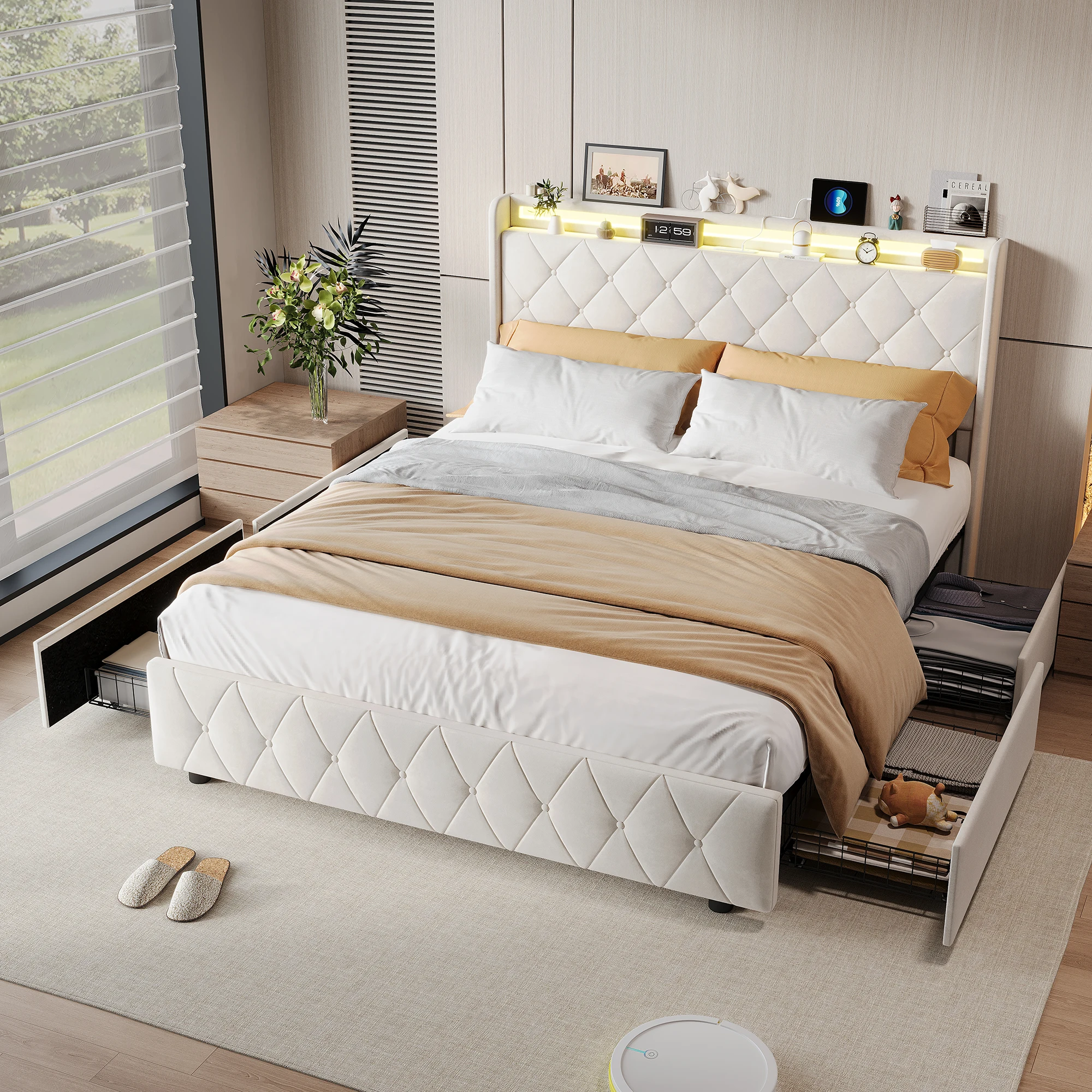 Rosahqnda Youth Bed 90X200cm with LED,Upholstered Bed Single Bed with Storage Space 2 Drawers
