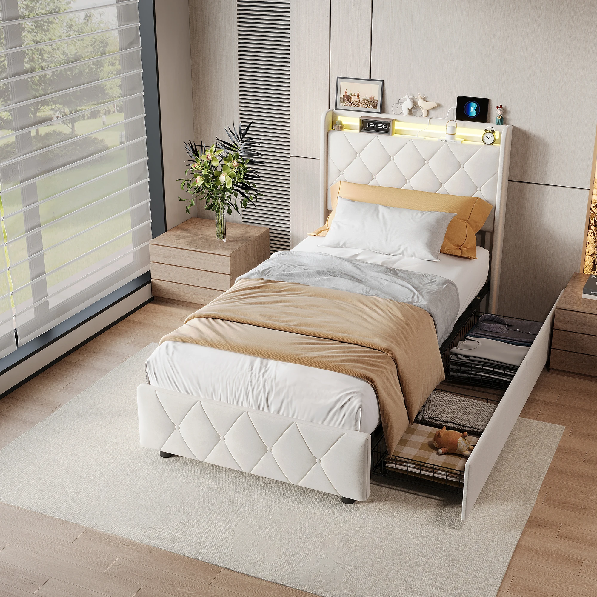 Rosahqnda Youth Bed 90X200cm with LED,Upholstered Bed Single Bed with Storage Space 2 Drawers