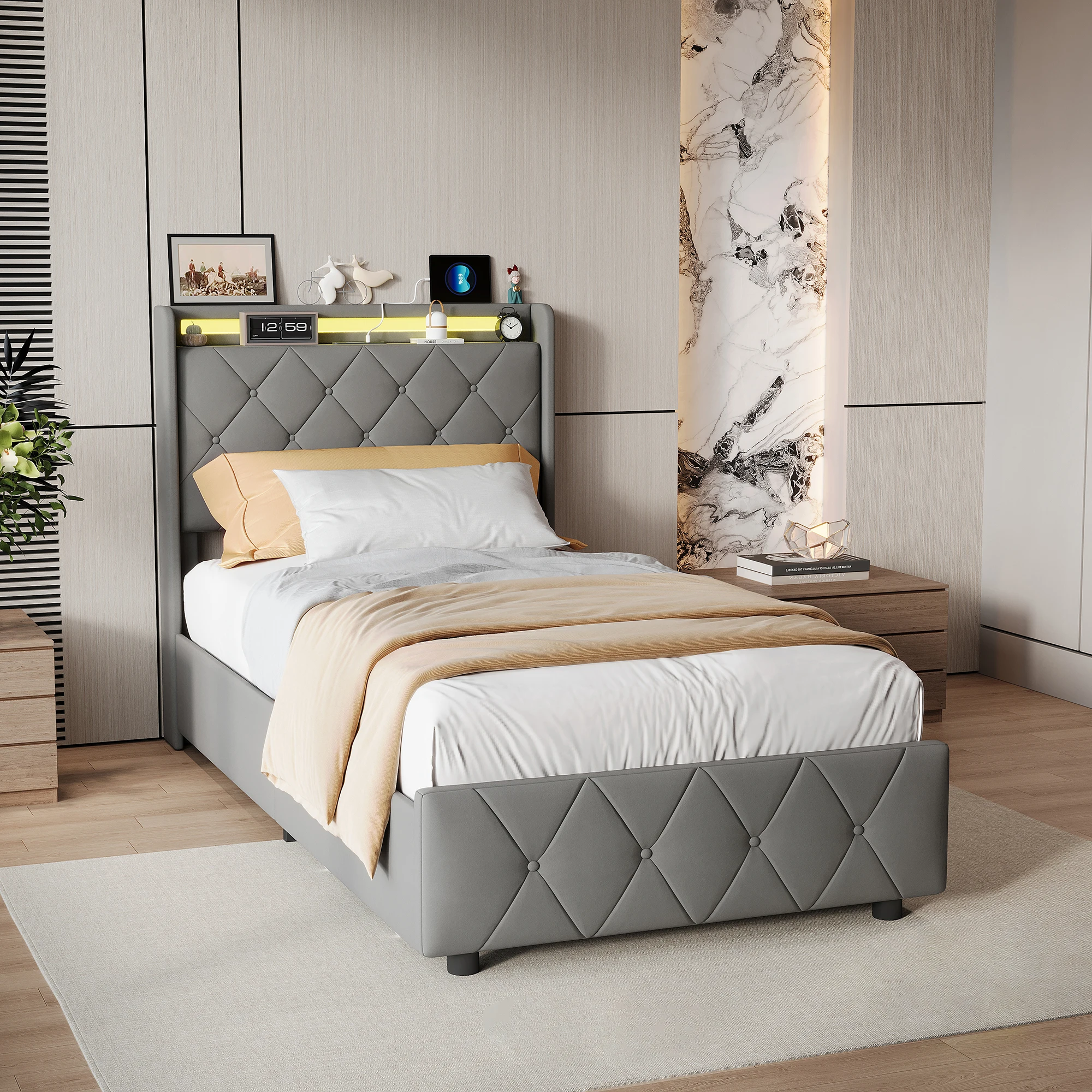 Rosahqnda Youth Bed 90X200cm with LED,Upholstered Bed Single Bed with Storage Space 2 Drawers