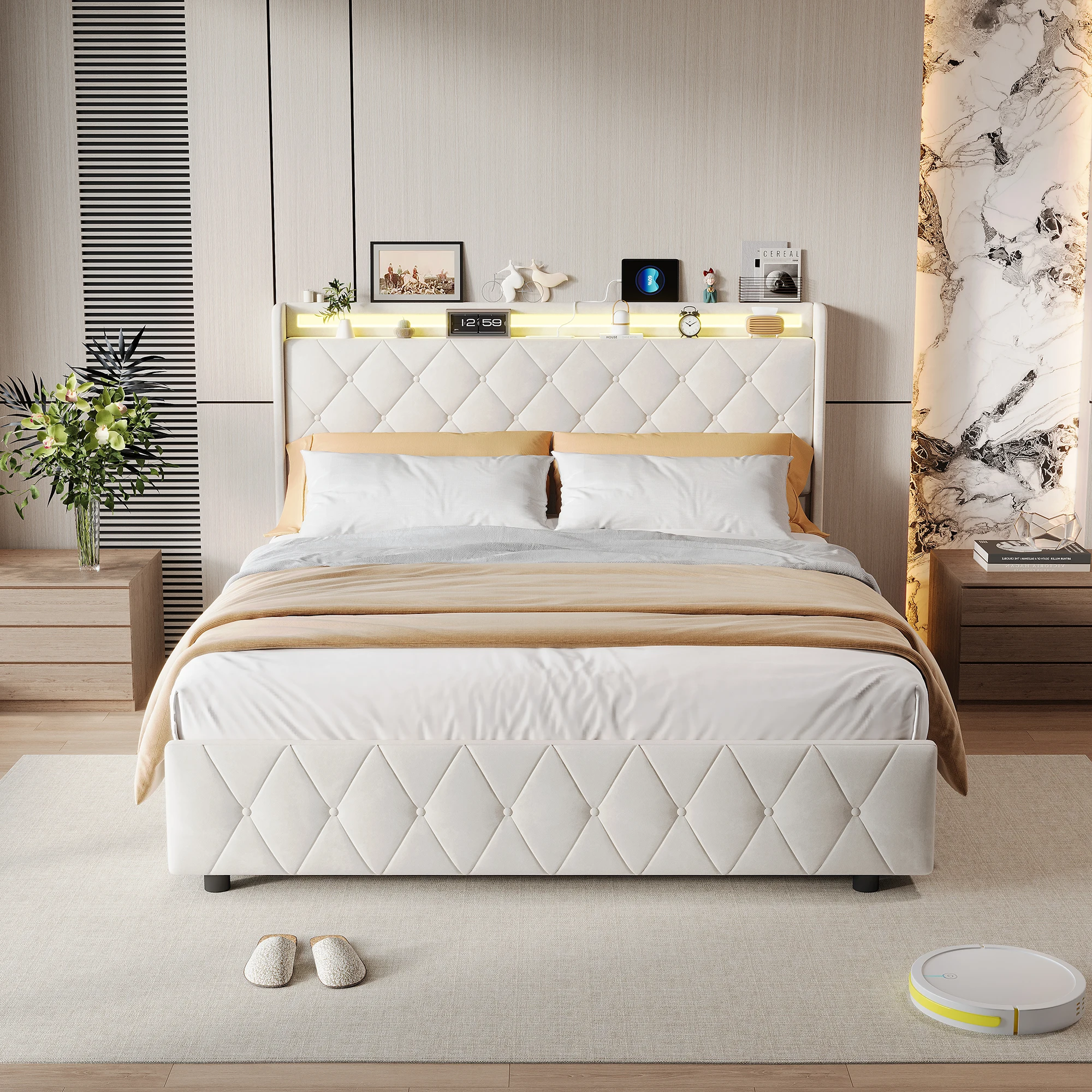 Rosahqnda Youth Bed 90X200cm with LED,Upholstered Bed Single Bed with Storage Space 2 Drawers