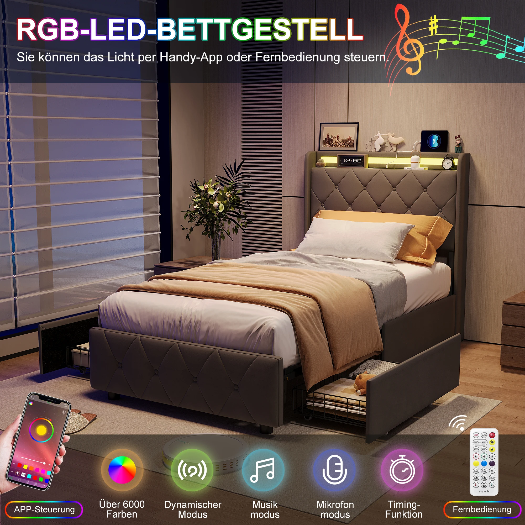 Rosahqnda Youth Bed 90X200cm with LED,Upholstered Bed Single Bed with Storage Space 2 Drawers