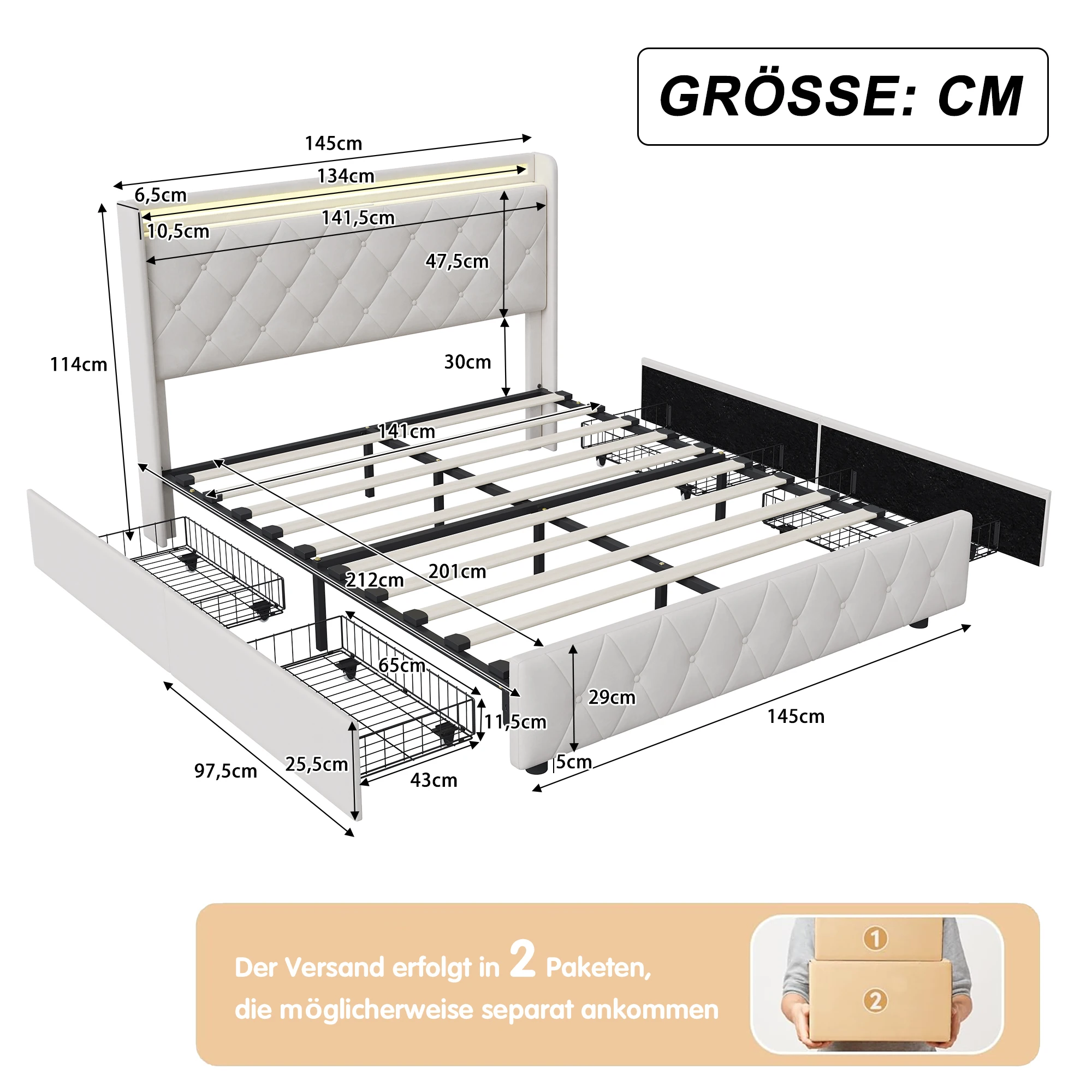 Rosahqnda Youth Bed 90X200cm with LED,Upholstered Bed Single Bed with Storage Space 2 Drawers