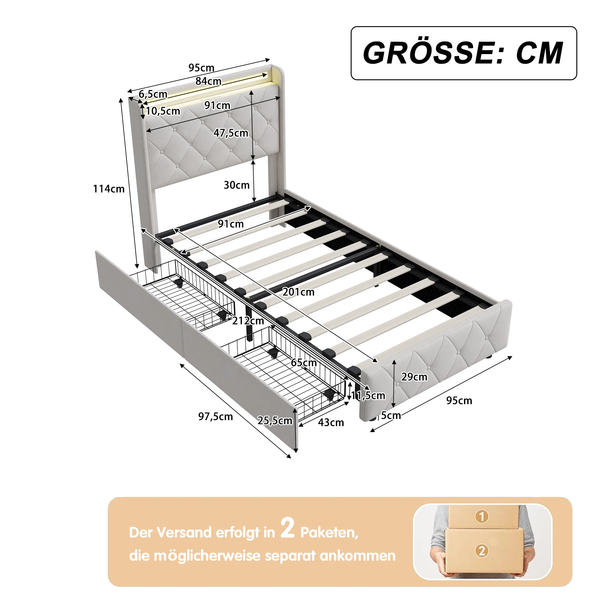 Rosahqnda Youth Bed 90X200cm with LED,Upholstered Bed Single Bed with Storage Space 2 Drawers