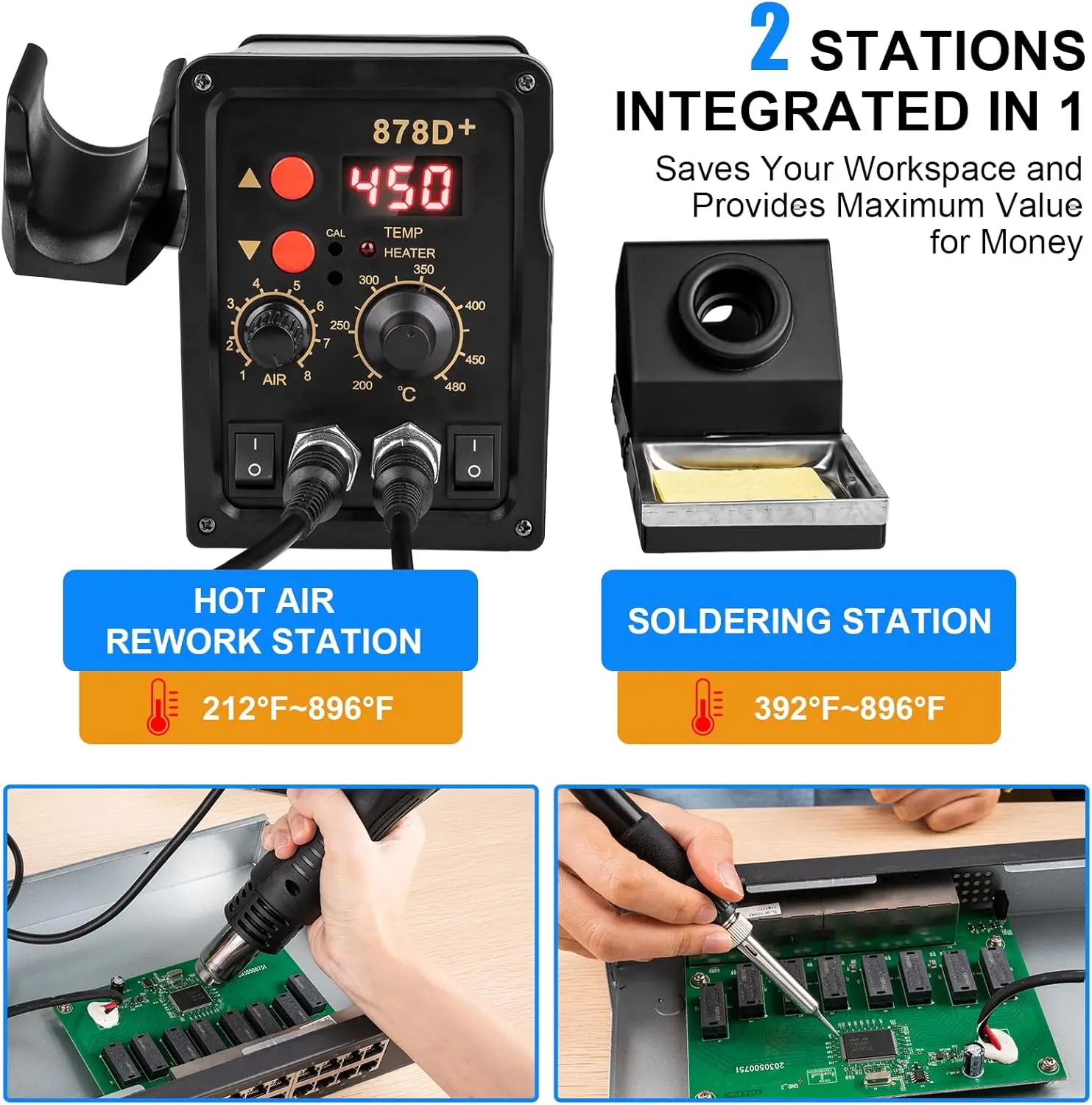 878D Soldering Station 2 IN 1 Hot Air Gun LCD Dual Digital Display Electric Soldering Iron SMD Welding Rework Station