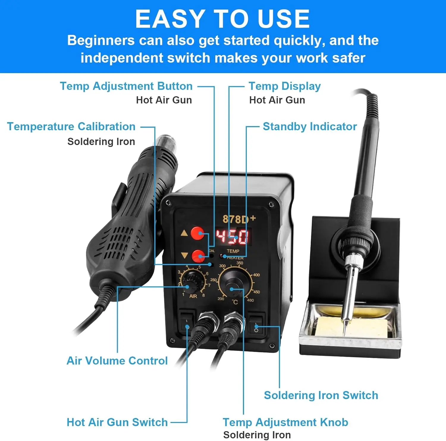 878D Soldering Station 2 IN 1 Hot Air Gun LCD Dual Digital Display Electric Soldering Iron SMD Welding Rework Station