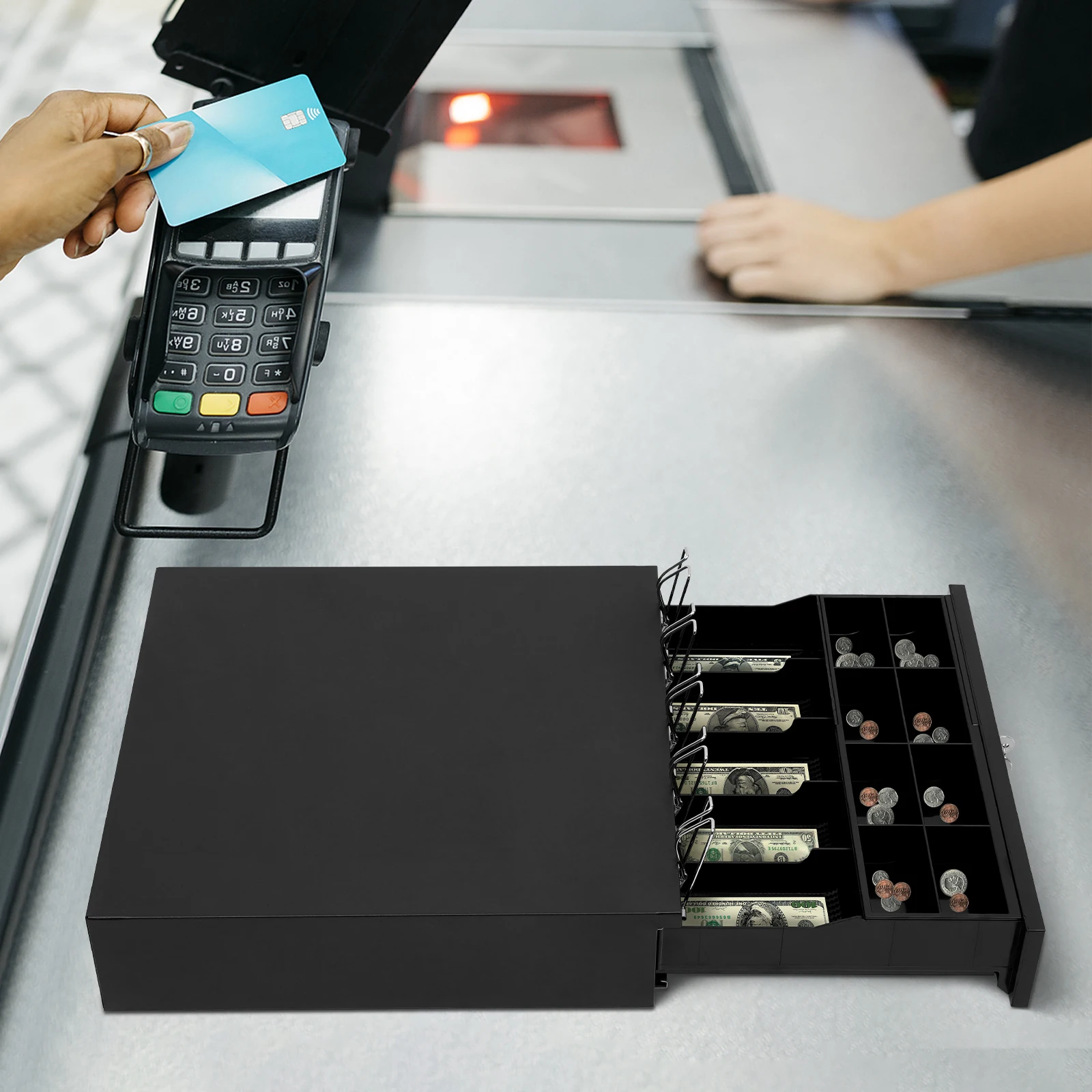Cash Drawer, Cash Drawer W/ 5 Compartments for Banknotes and 8 for Coins, for Hotels, Supermarkets, Shopping Malls, Pharmacies