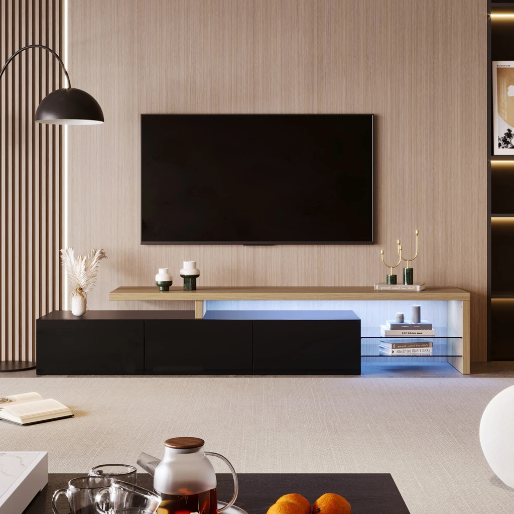 TV furniture for living room with 3 doors, stockings TV furniture with LED and 2 glasses, black high gloss, 200x42x39 cm