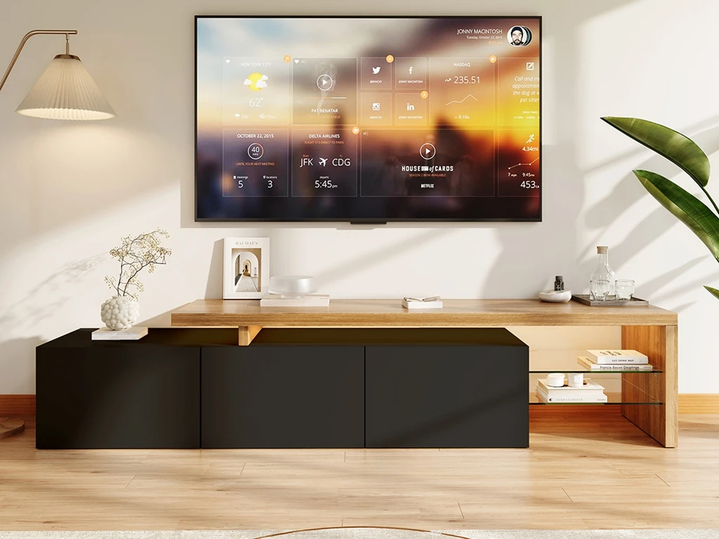 TV furniture for living room with 3 doors, stockings TV furniture with LED and 2 glasses, black high gloss, 200x42x39 cm