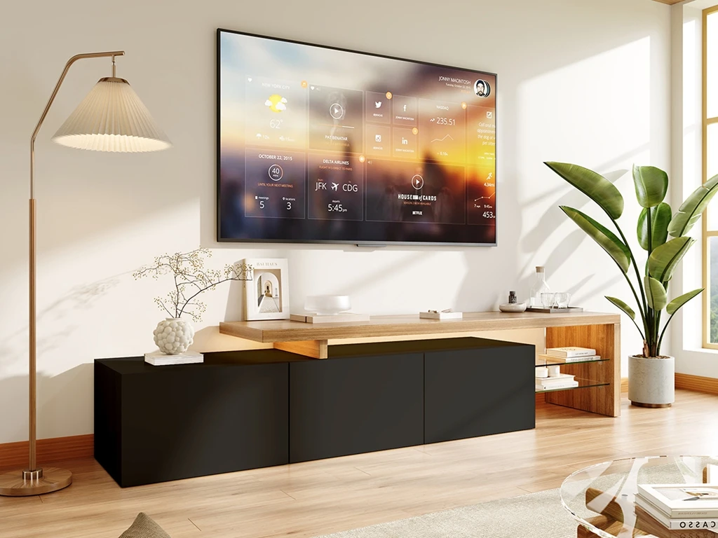 TV furniture for living room with 3 doors, stockings TV furniture with LED and 2 glasses, black high gloss, 200x42x39 cm
