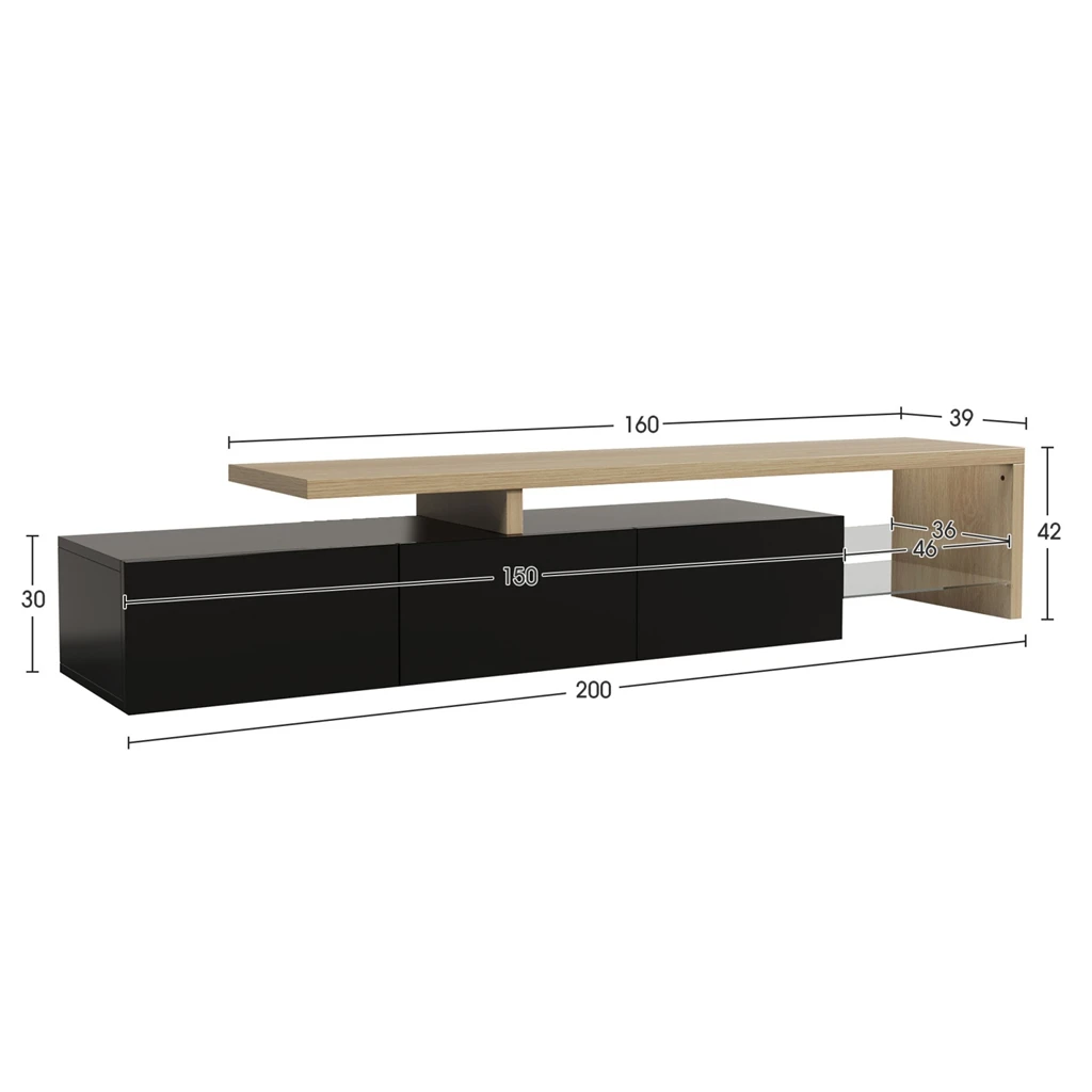TV furniture for living room with 3 doors, stockings TV furniture with LED and 2 glasses, black high gloss, 200x42x39 cm