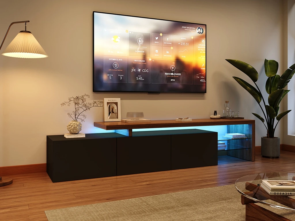 TV furniture for living room with 3 doors, stockings TV furniture with LED and 2 glasses, black high gloss, 200x42x39 cm