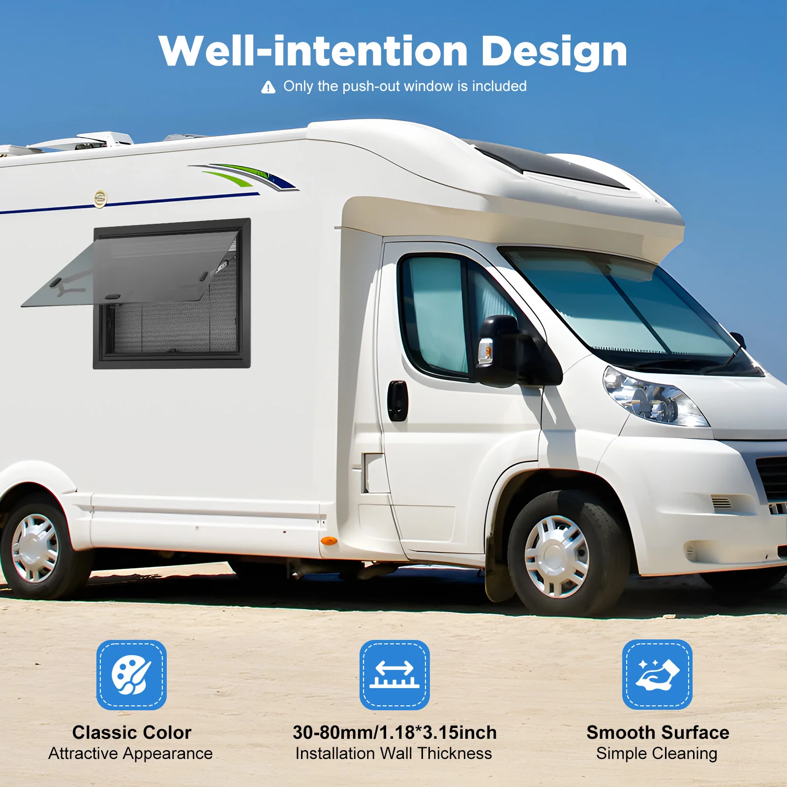 RV Push-out Window Aluminum Alloy Tempered Glass RV Window with Screen 65° Opening For RV Trailer Camper Van Motorhome
