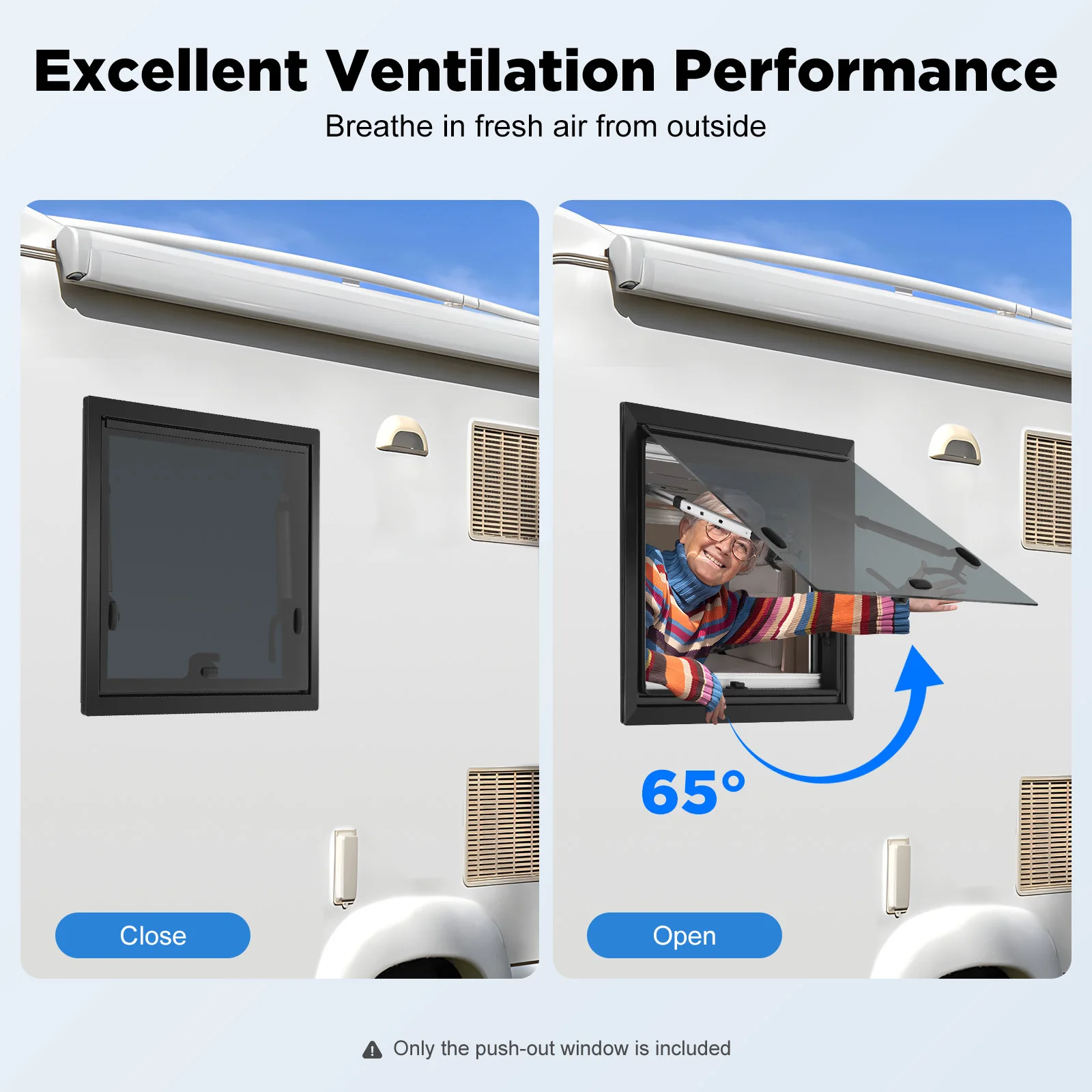 RV Push-out Window Aluminum Alloy Tempered Glass RV Window with Screen 65° Opening For RV Trailer Camper Van Motorhome