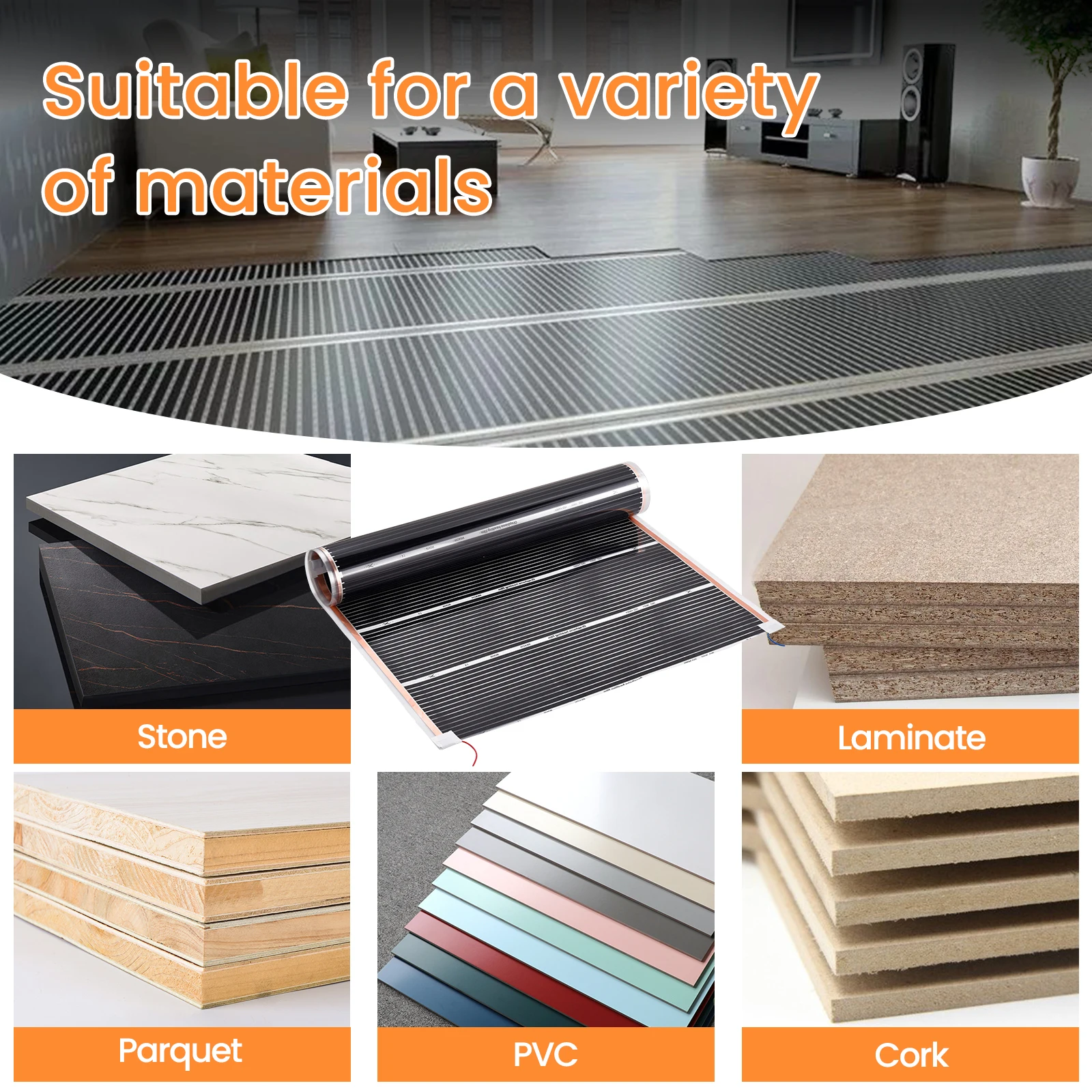 Underfloor Heating Mat 220W/m², 9.84-16.4 sqft Electric Radiant Floor Heating Film with Thermostat Below Laminate Wood