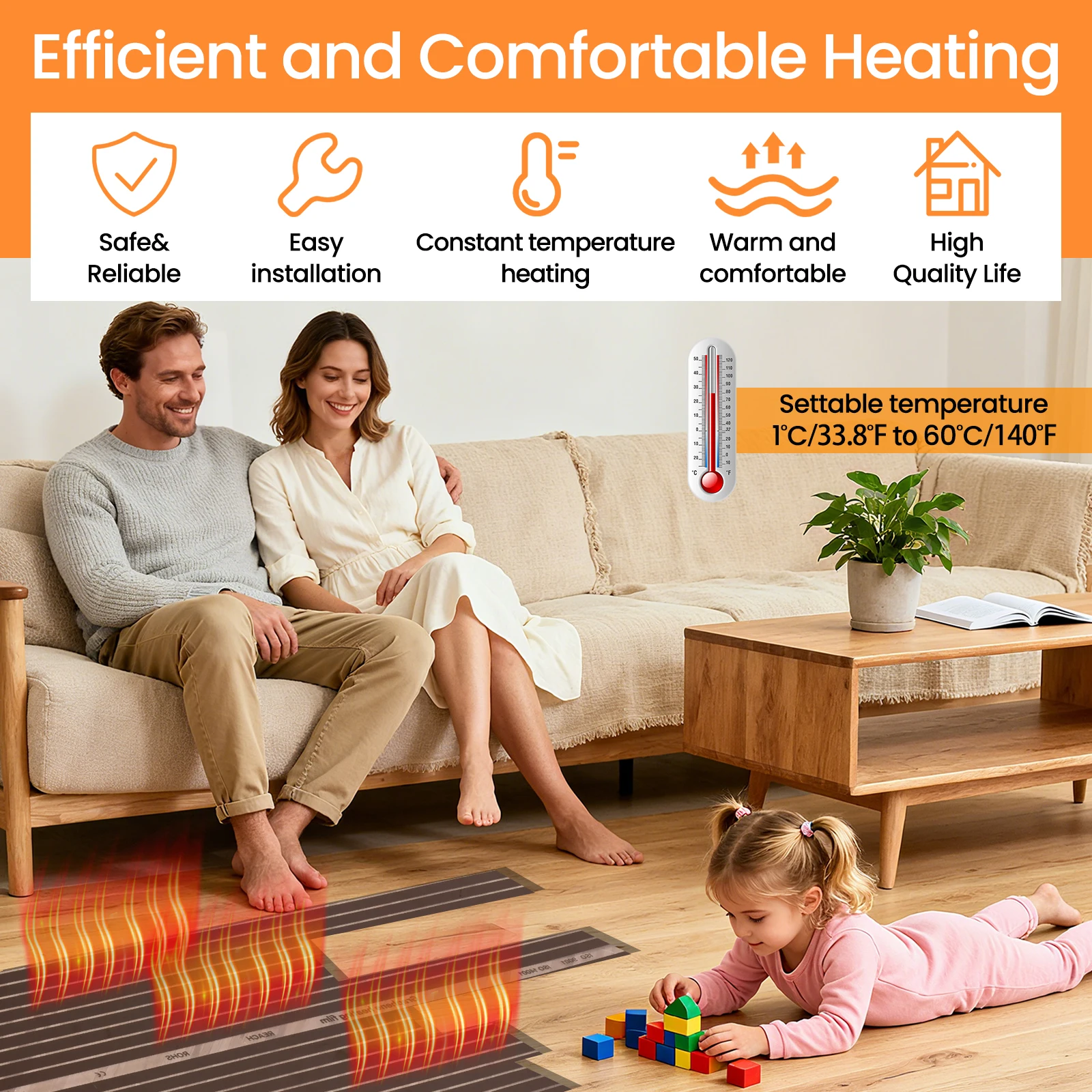 Underfloor Heating Mat 220W/m², 9.84-16.4 sqft Electric Radiant Floor Heating Film with Thermostat Below Laminate Wood