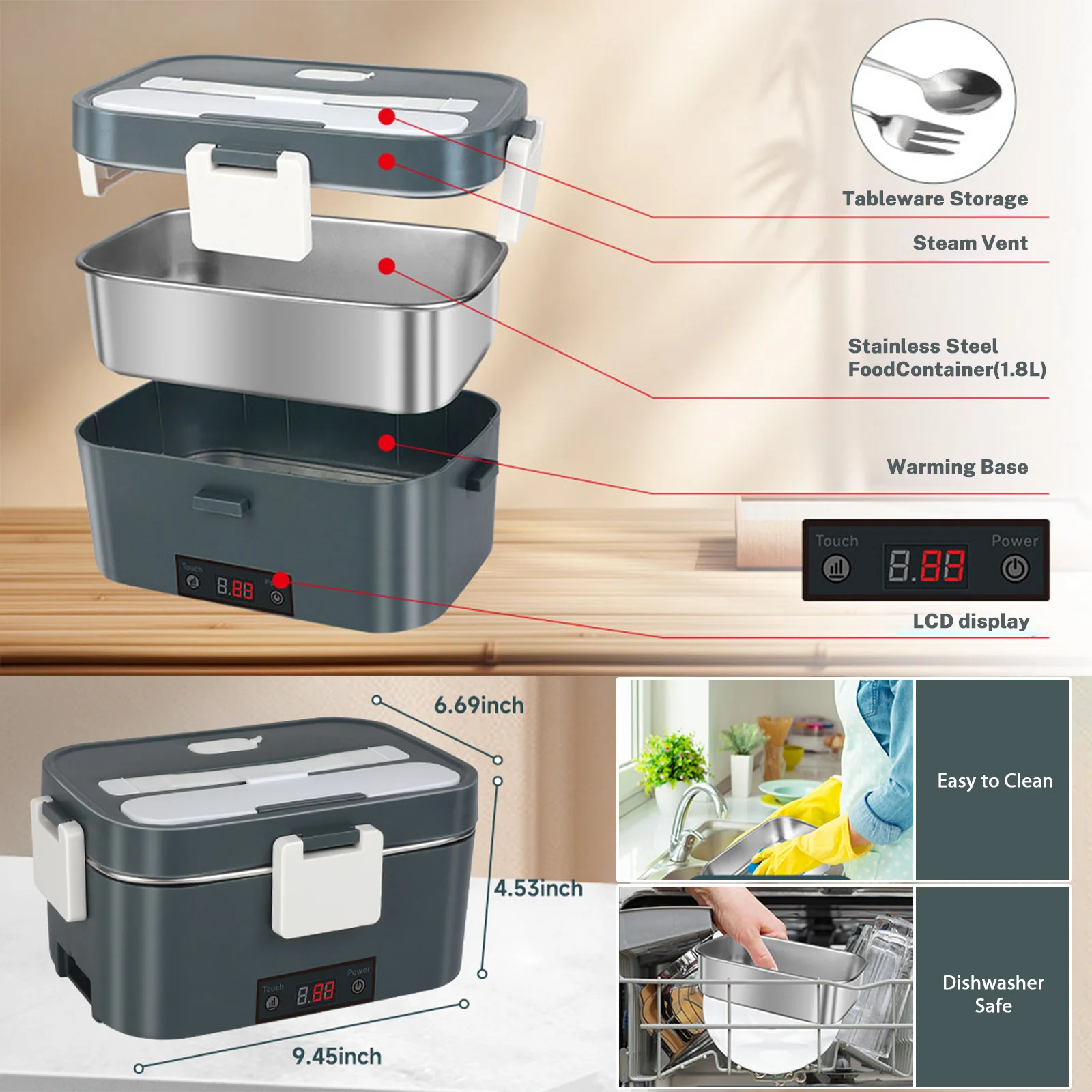 2.5L 60W Electric Lunch Box Heater, Portable Leak-Proof Food Warmer for Office Car Truck Travel Home, Microwave Safe Bento Box