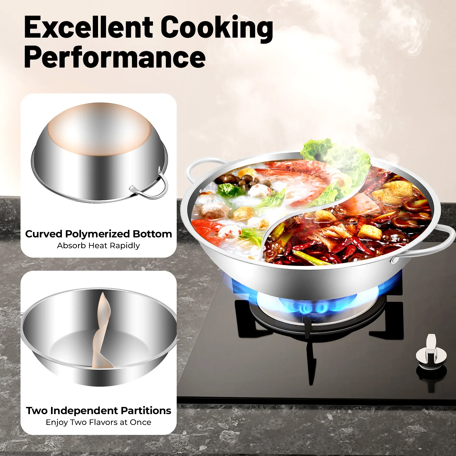 Divided Hot Pot,Stainless Steel Polished Rustproof Cookware Fast Heating Compatible with All Stoves for Gathering Daily Cooking