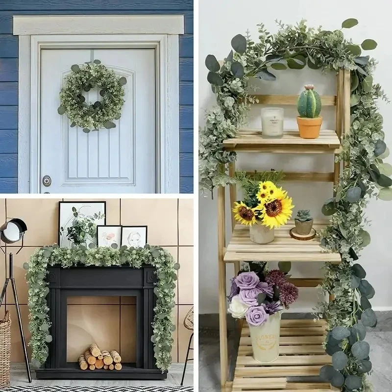 1pc Artificial Eucalyptus Leaves Greenery Garland Faux Plant Spring Vines with White Flowers Berries for Wedding Home Party Deco