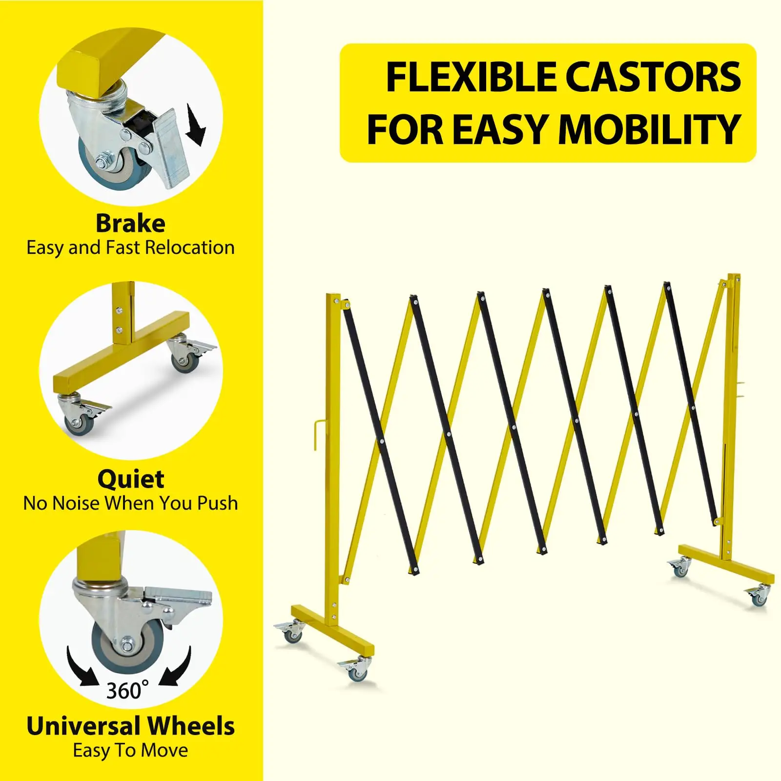 Expandable Metal Barricade, 11FT Long Folding Security Gate with Casters, Metal Retractable Traffic Fence, Easy Assembled Safety