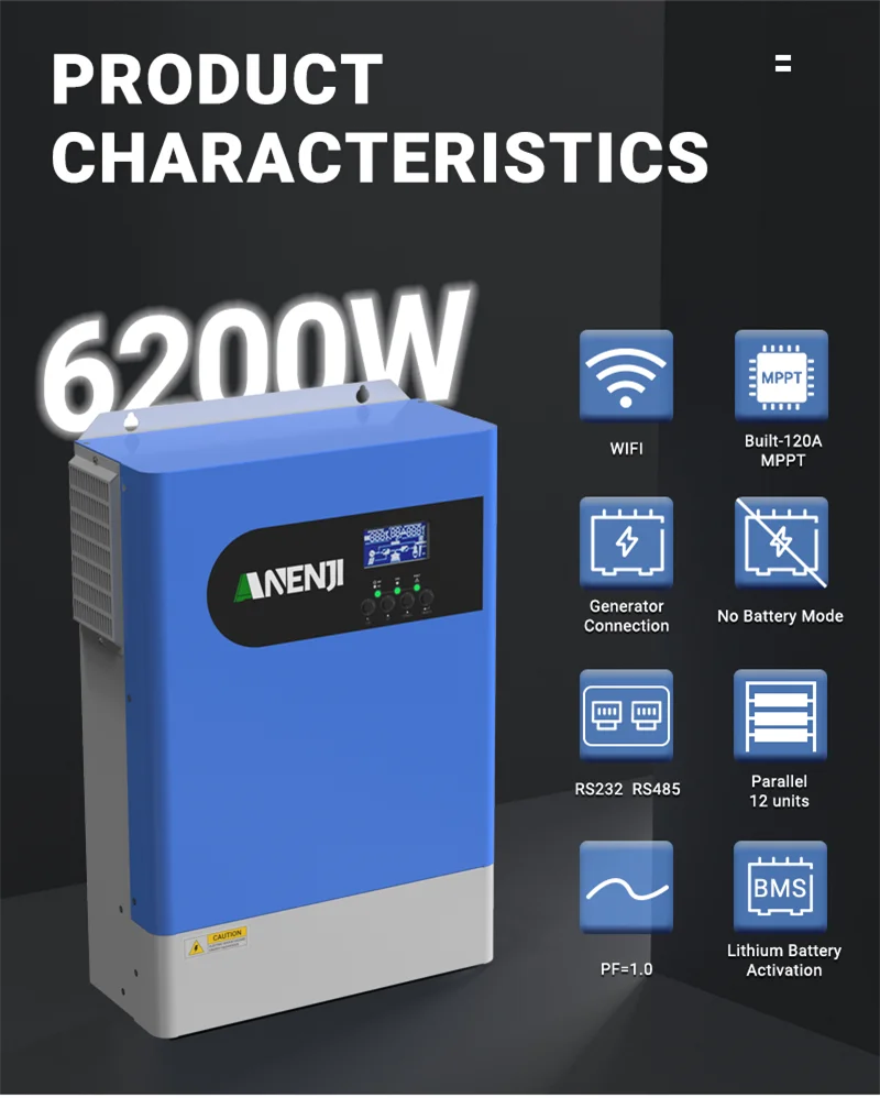 ANENJI 6.2KW Off-Grid Solar Inverter 12 Units Wifi Parallel Pure Sine Wave MPPT 120A & WiFi 500V PV Input for PV Solar Panel