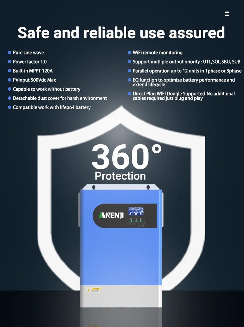 ANENJI 6.2KW Off-Grid Solar Inverter 12 Units Wifi Parallel Pure Sine Wave MPPT 120A & WiFi 500V PV Input for PV Solar Panel
