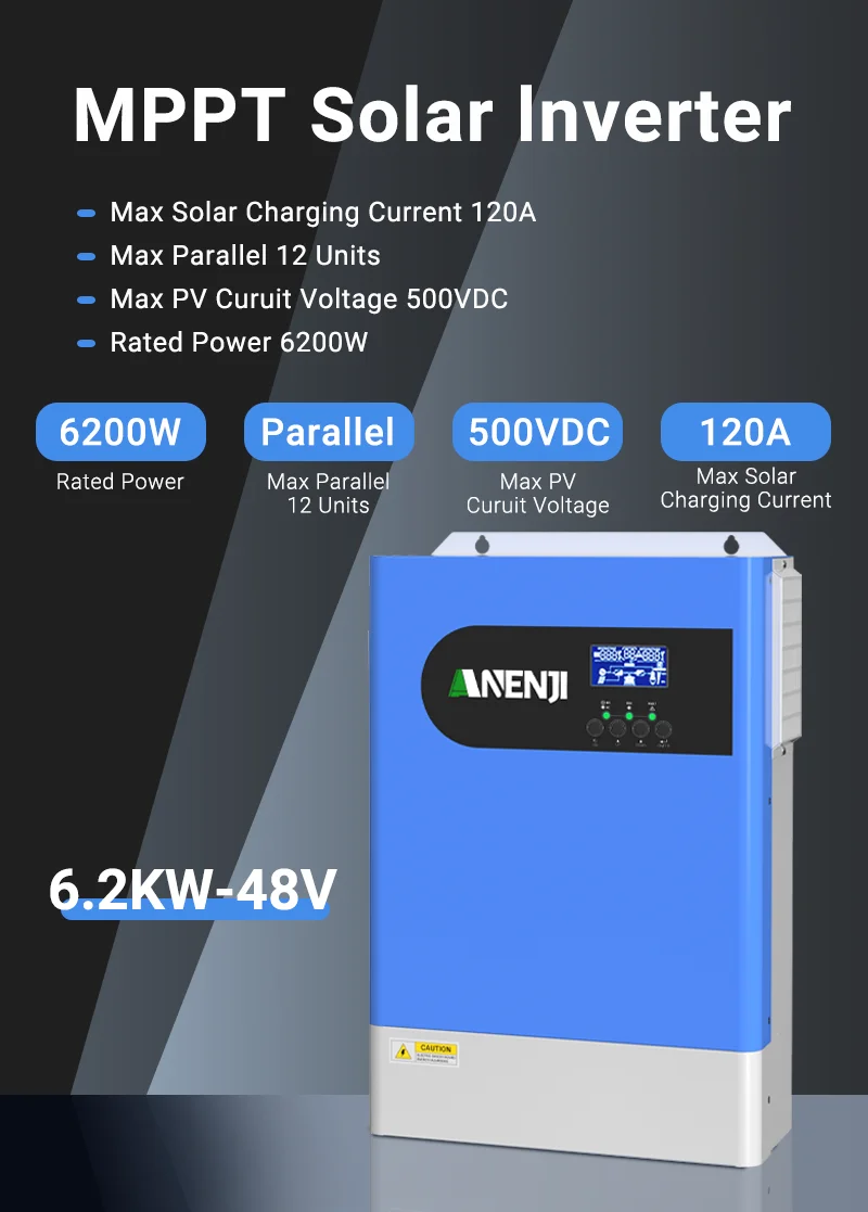 ANENJI 6.2KW Off-Grid Solar Inverter 12 Units Wifi Parallel Pure Sine Wave MPPT 120A & WiFi 500V PV Input for PV Solar Panel