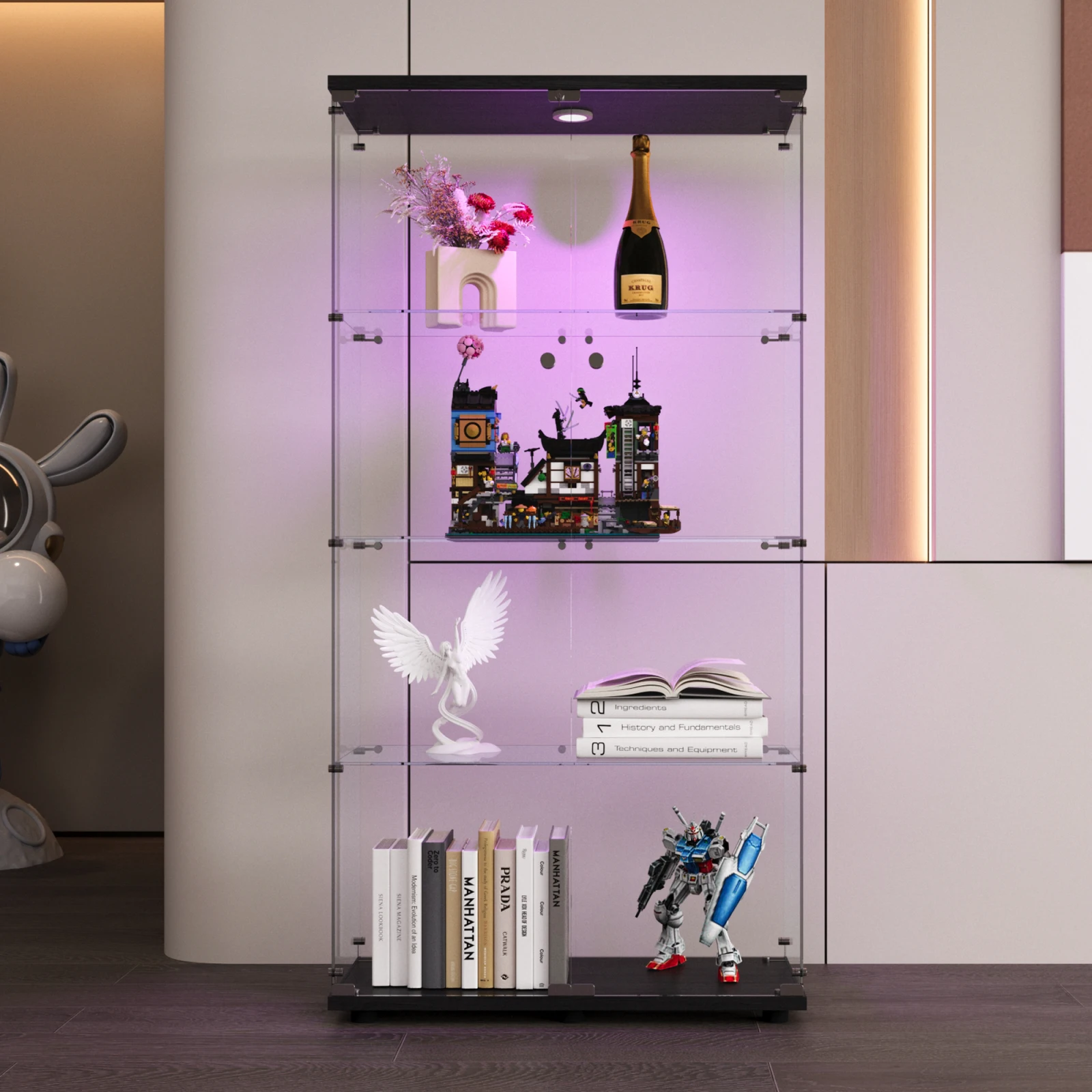 Anajqaqia Glass Display Case, 2 Doors, 4 Shelves, with LED Lights, 80.49 X 36.49 X 163.9 cm, Black