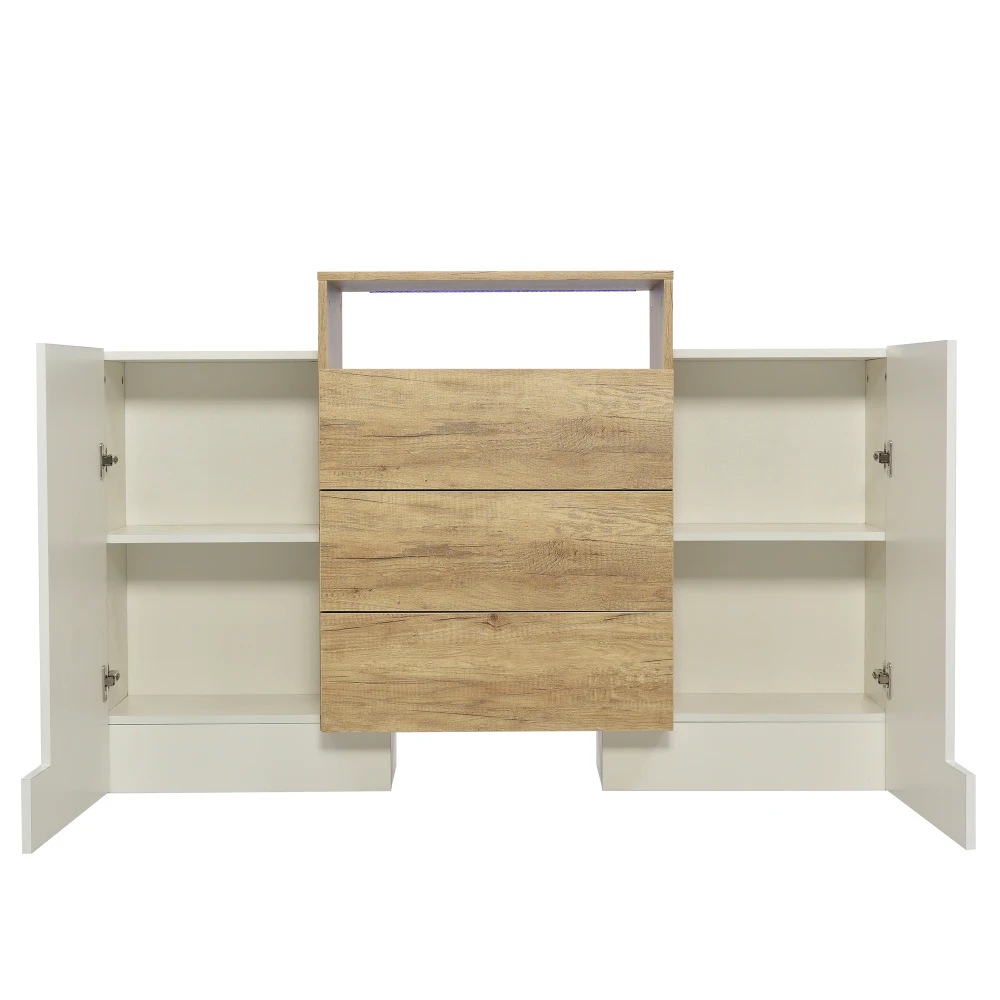 PINGGO Modern Sideboard High Gloss White Wood Color Chest of Drawers Multicolored LED Light Effects Stylish Storage Solution