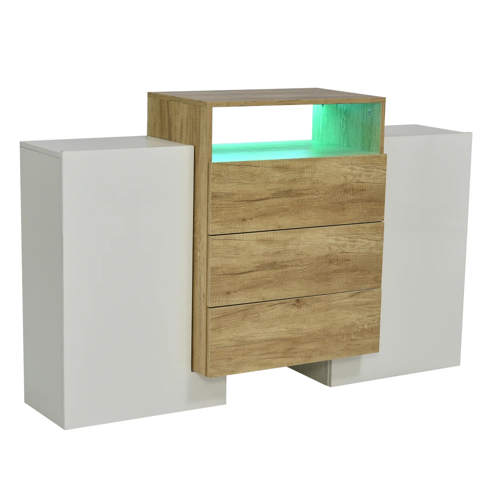 PINGGO Modern Sideboard High Gloss White Wood Color Chest of Drawers Multicolored LED Light Effects Stylish Storage Solution
