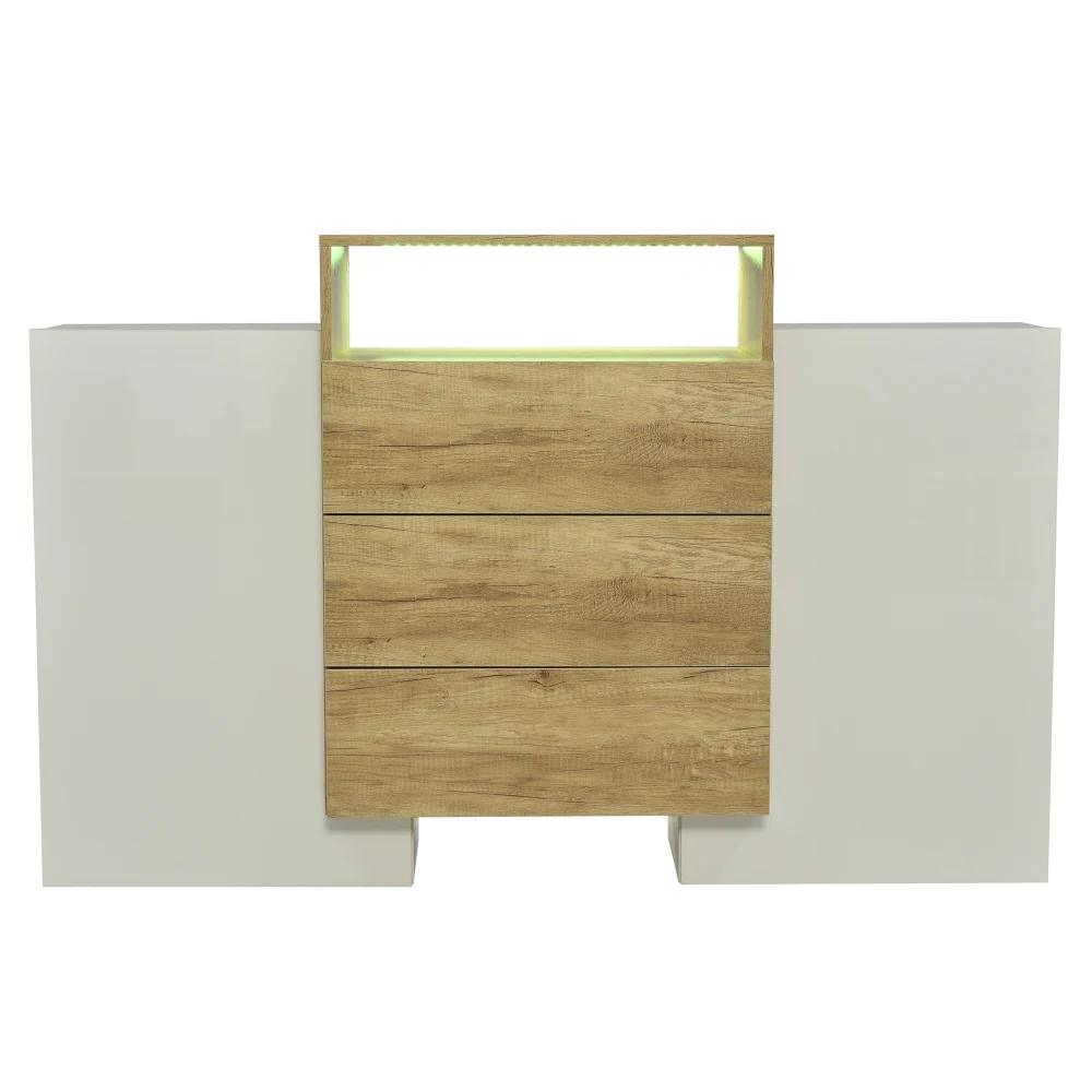PINGGO Modern Sideboard High Gloss White Wood Color Chest of Drawers Multicolored LED Light Effects Stylish Storage Solution