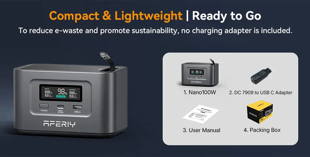 AFERIY Nano100 Portable Power Station,99.2Wh100W Telescopic Type-C Cable,1.5h Full Charge, 3000 + Cycles LiFePO4 Battery