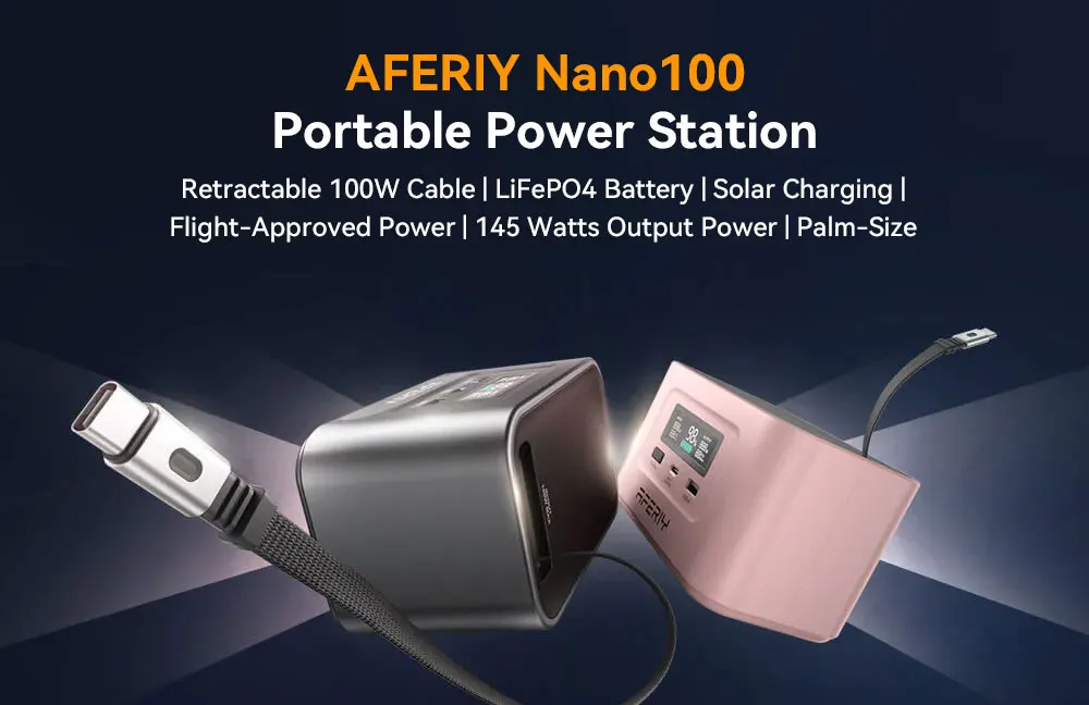 AFERIY Nano100 Portable Power Station,99.2Wh100W Telescopic Type-C Cable,1.5h Full Charge, 3000 + Cycles LiFePO4 Battery