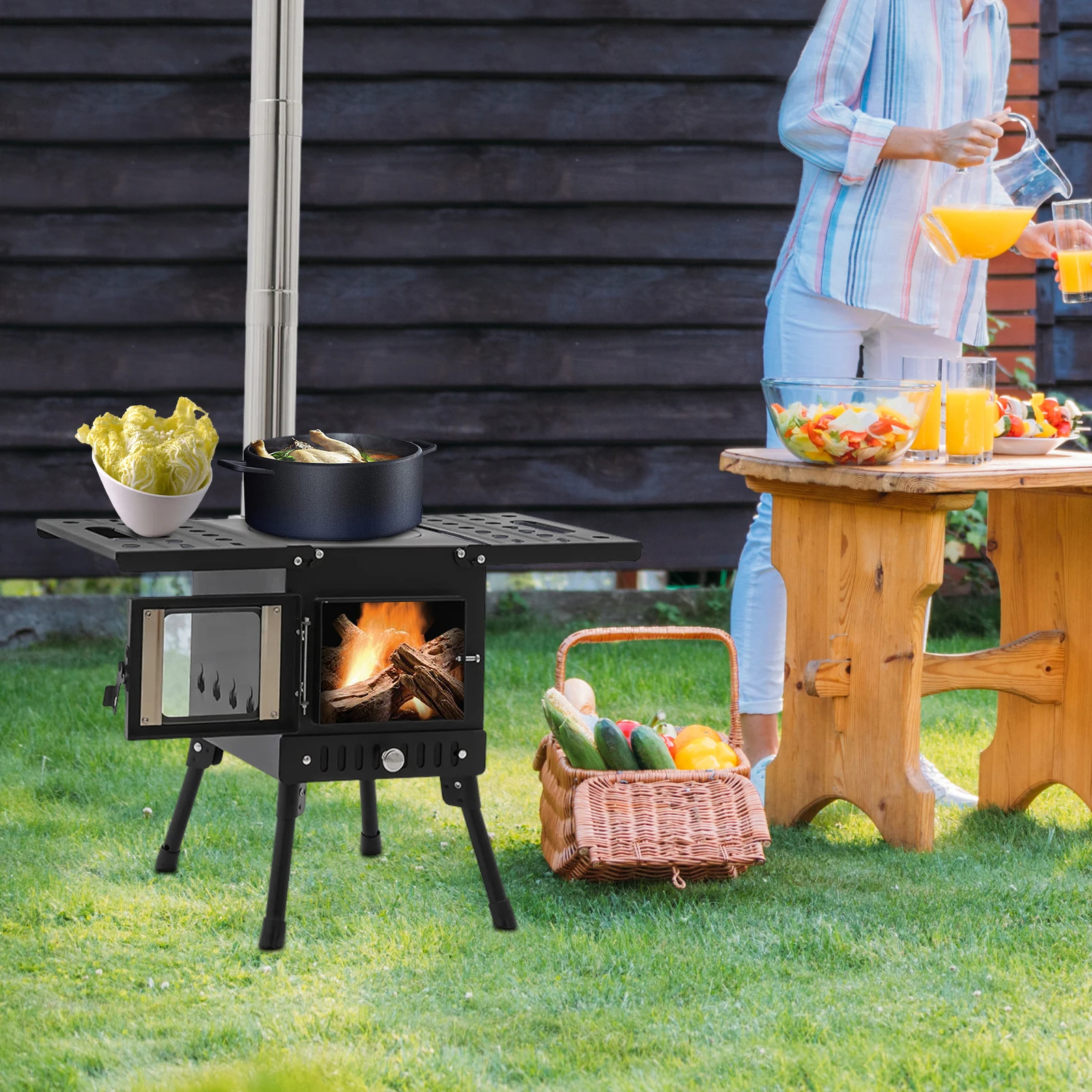 Folding Outdoor Camping Firewood Stove Portable Tent Stove Adjustable Height with Chimney for Outdoor Heating & Cooking & Hiking