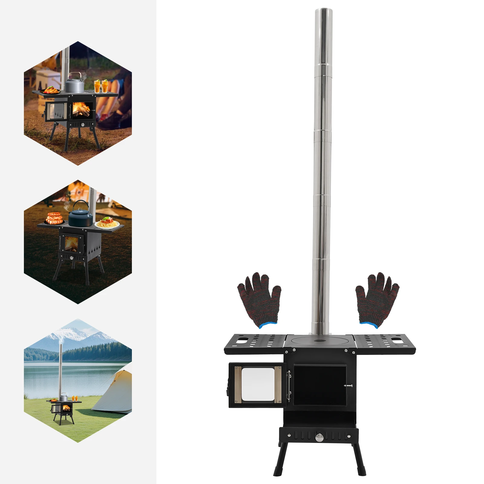 Folding Outdoor Camping Firewood Stove Portable Tent Stove Adjustable Height with Chimney for Outdoor Heating & Cooking & Hiking