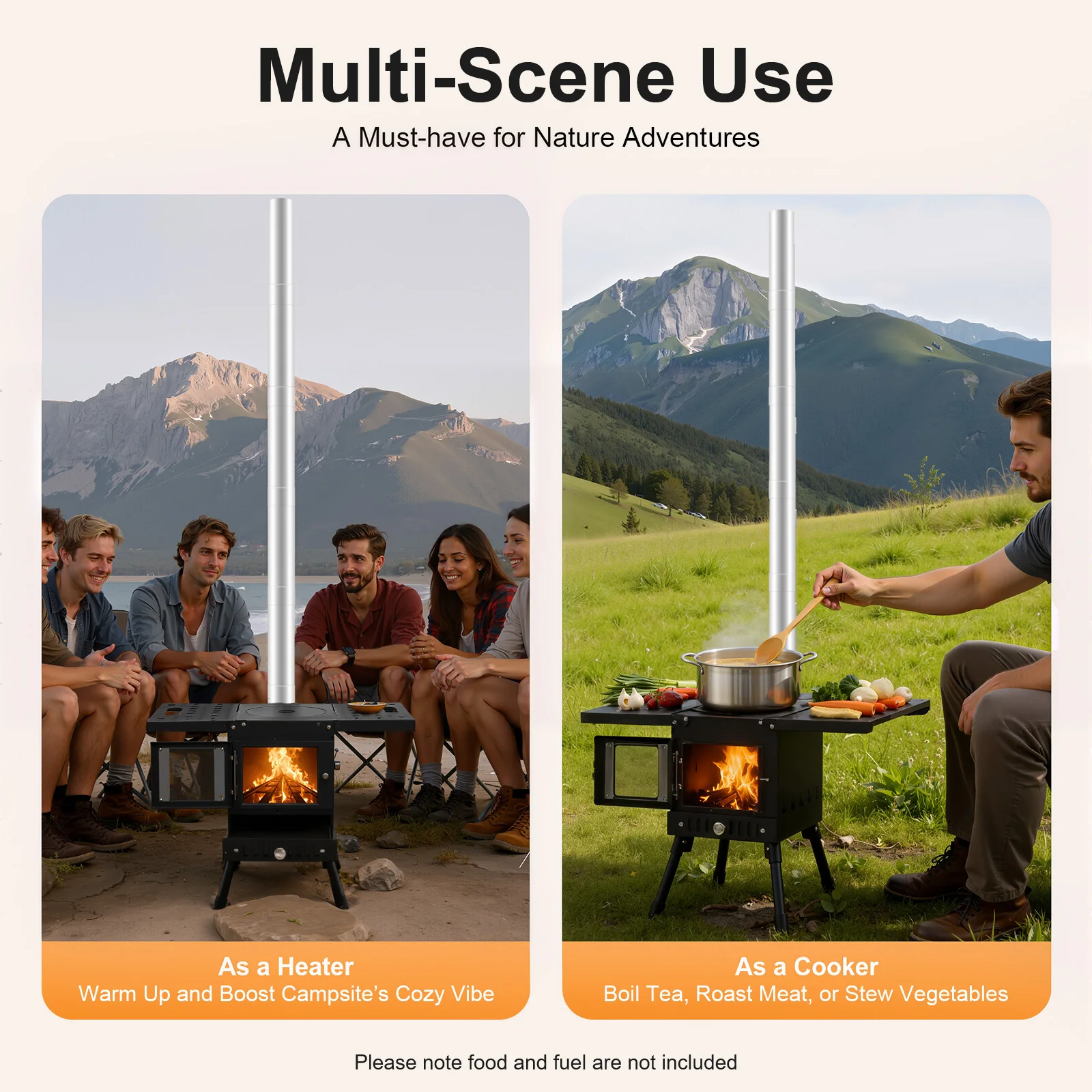 Folding Outdoor Camping Firewood Stove Portable Tent Stove Adjustable Height with Chimney for Outdoor Heating & Cooking & Hiking
