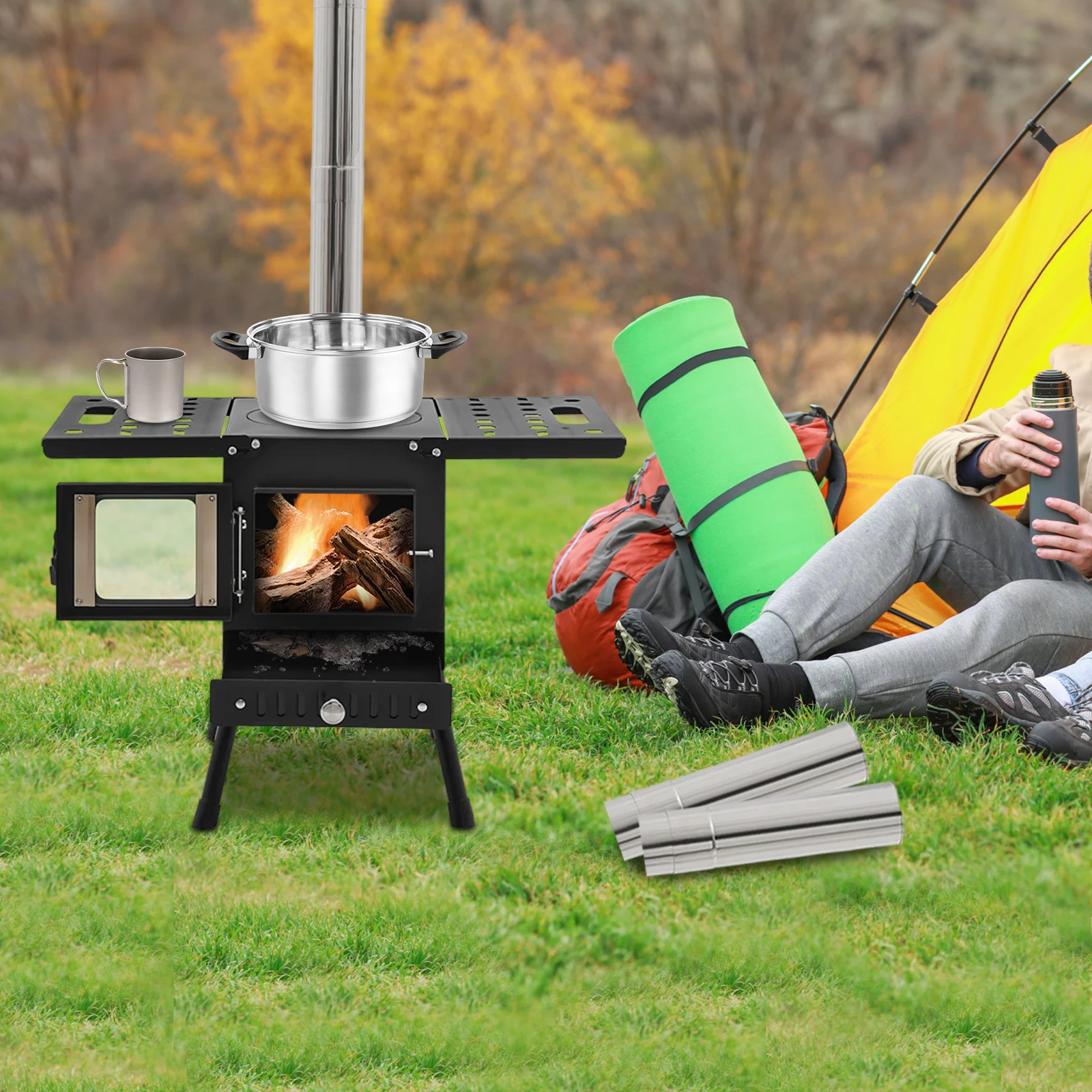 Folding Outdoor Camping Firewood Stove Portable Tent Stove Adjustable Height with Chimney for Outdoor Heating & Cooking & Hiking
