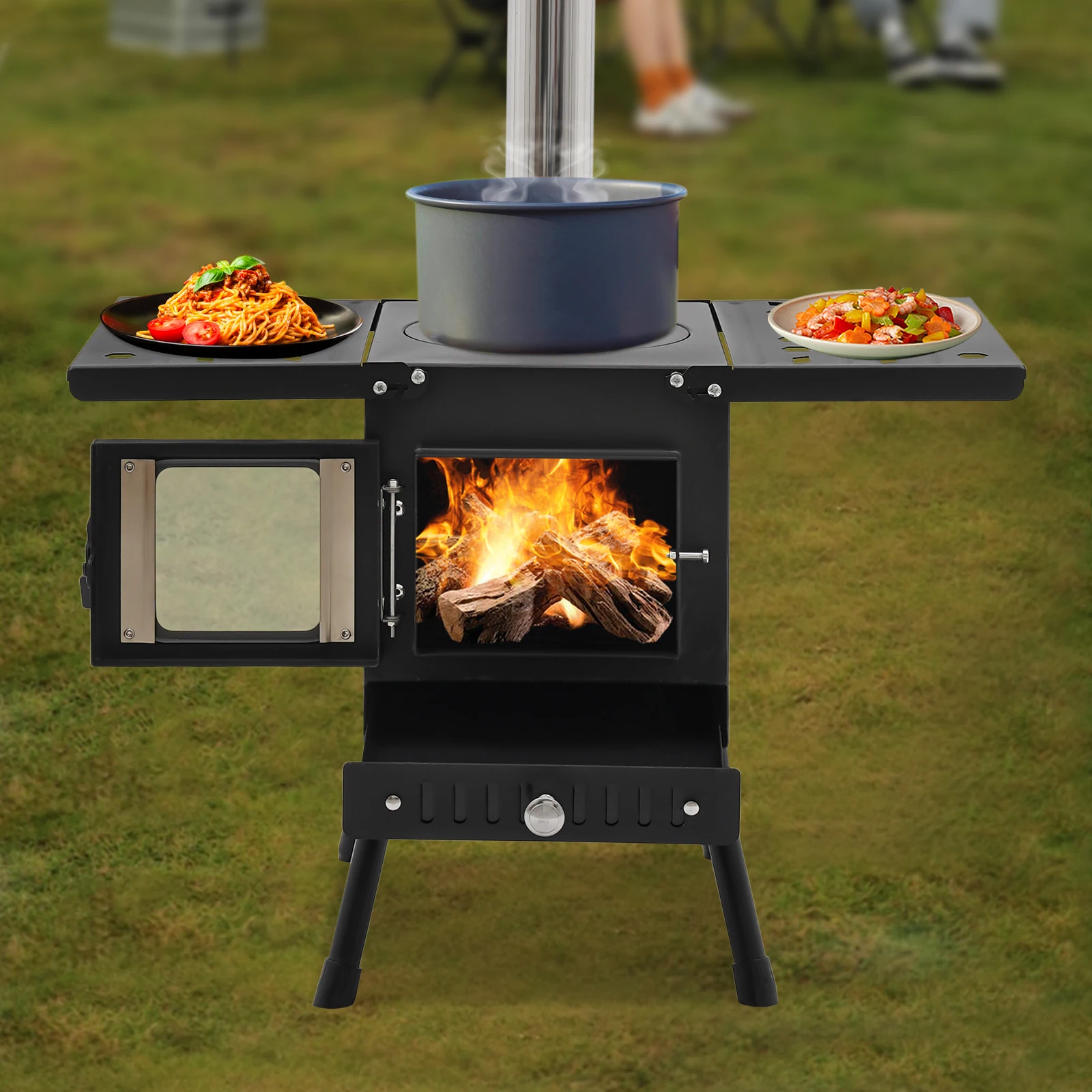 Folding Outdoor Camping Firewood Stove Portable Tent Stove Adjustable Height with Chimney for Outdoor Heating & Cooking & Hiking