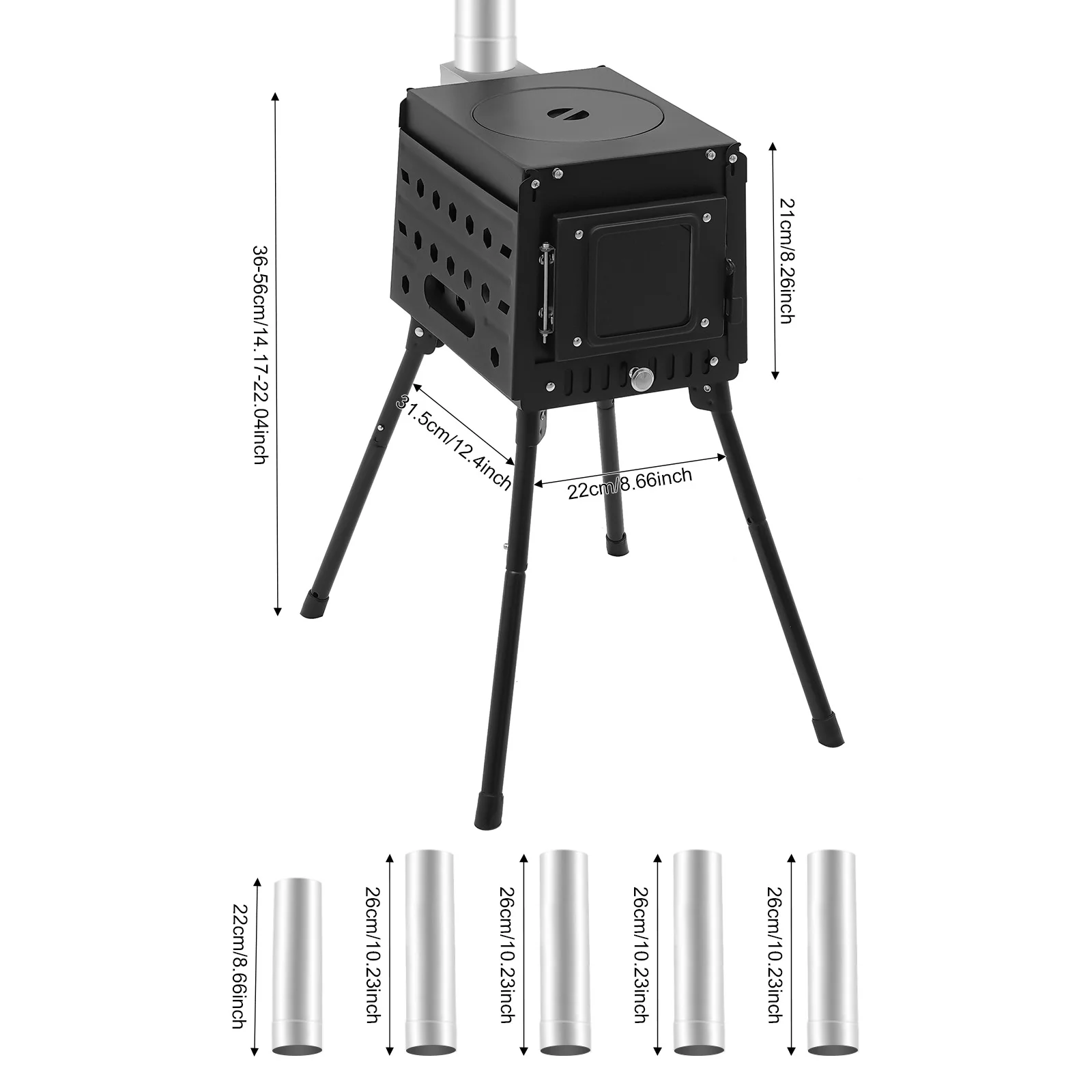 Folding Outdoor Camping Firewood Stove Portable Tent Stove Adjustable Height with Chimney for Outdoor Heating & Cooking & Hiking