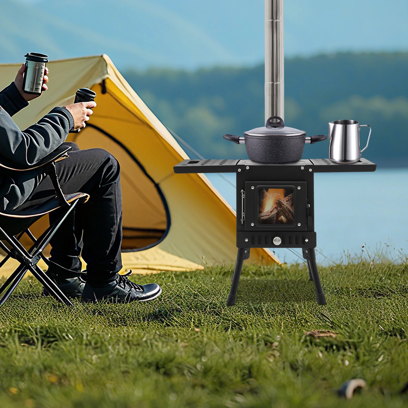 Folding Outdoor Camping Firewood Stove Portable Tent Stove Adjustable Height with Chimney for Outdoor Heating & Cooking & Hiking