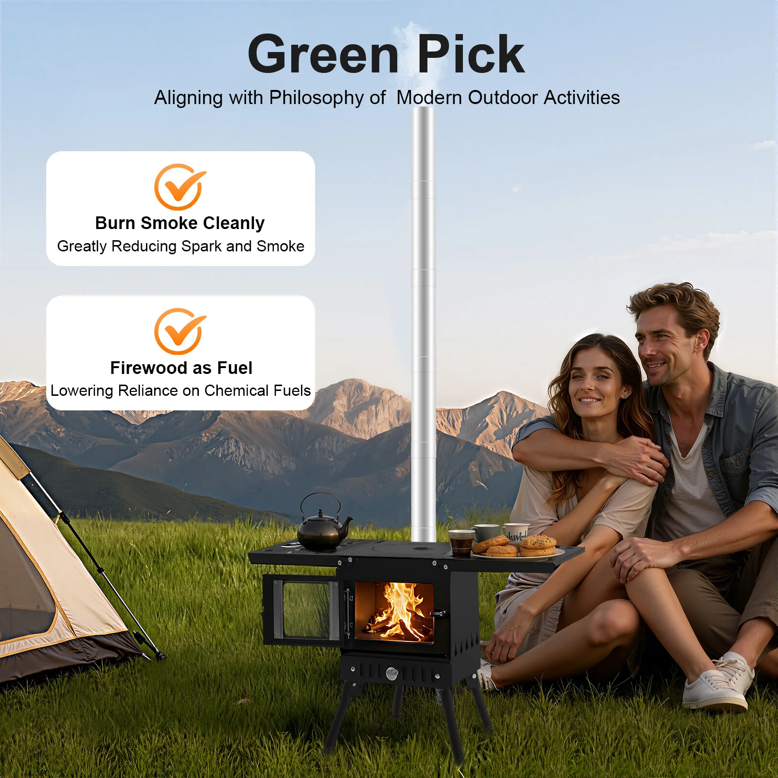 Folding Outdoor Camping Firewood Stove Portable Tent Stove Adjustable Height with Chimney for Outdoor Heating & Cooking & Hiking