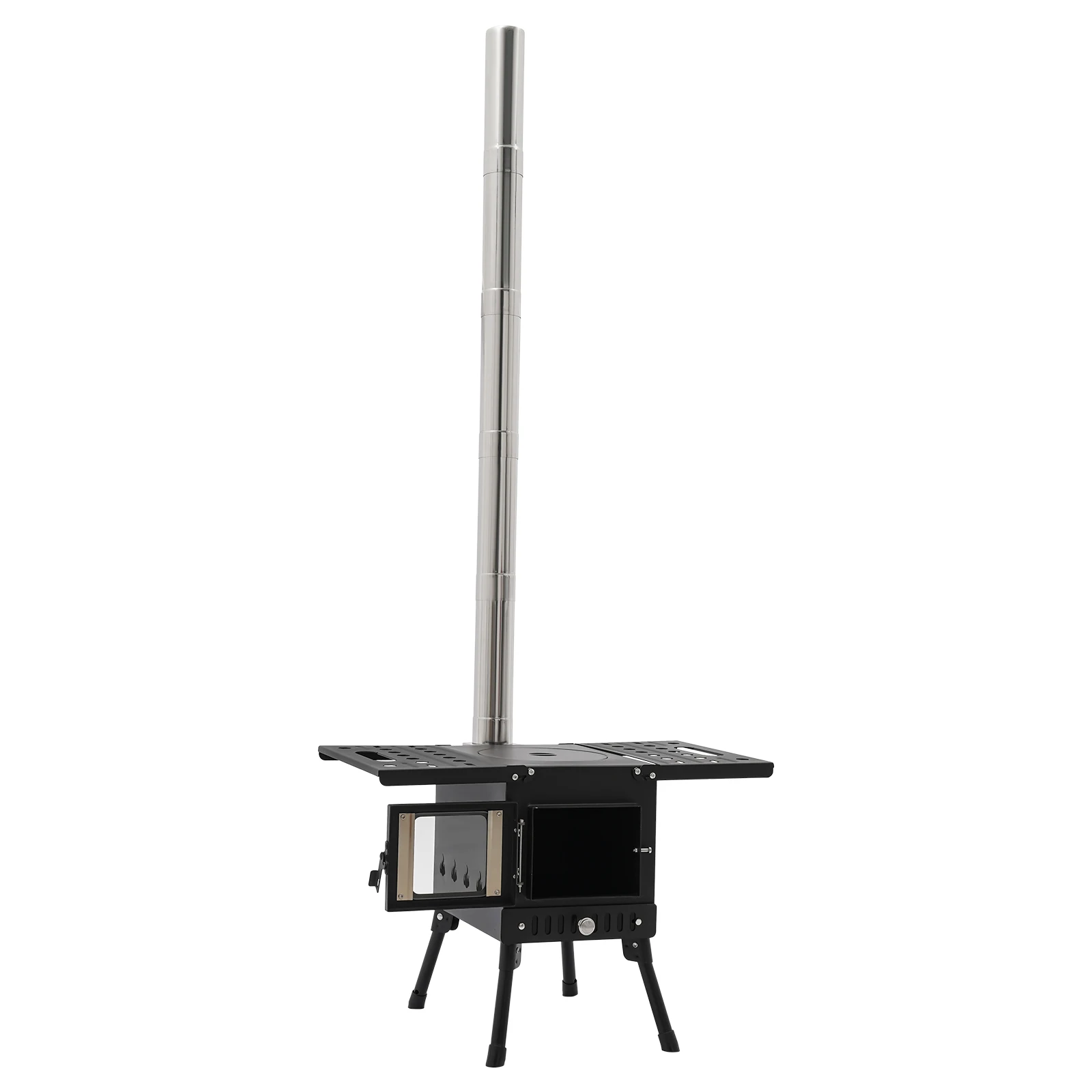 Folding Outdoor Camping Firewood Stove Portable Tent Stove Adjustable Height with Chimney for Outdoor Heating & Cooking & Hiking