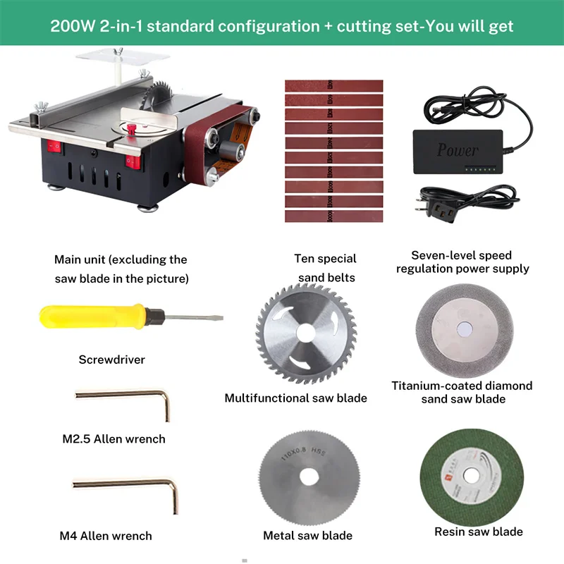 200W Mini Bench Saw and Belt Sander 7-Speed Adjustment Table Saw 30mm Cutting Depth DIY Benchtop Sanding Machine with Belts