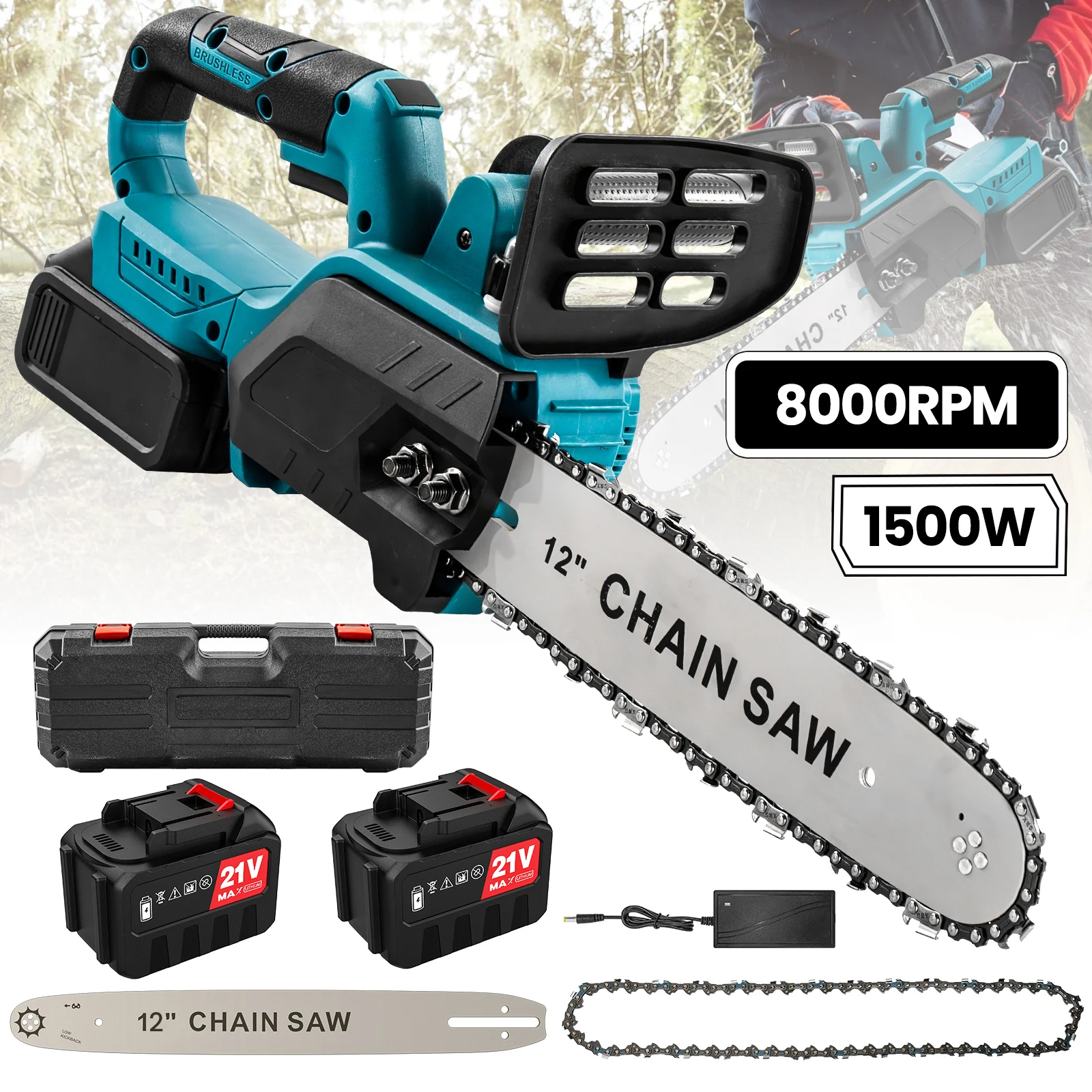 12 Inch 1500W Brushless Electric Chainsaw Cordless Wood Cutting Garden Logging Saw For Makita 21V Battery Pin