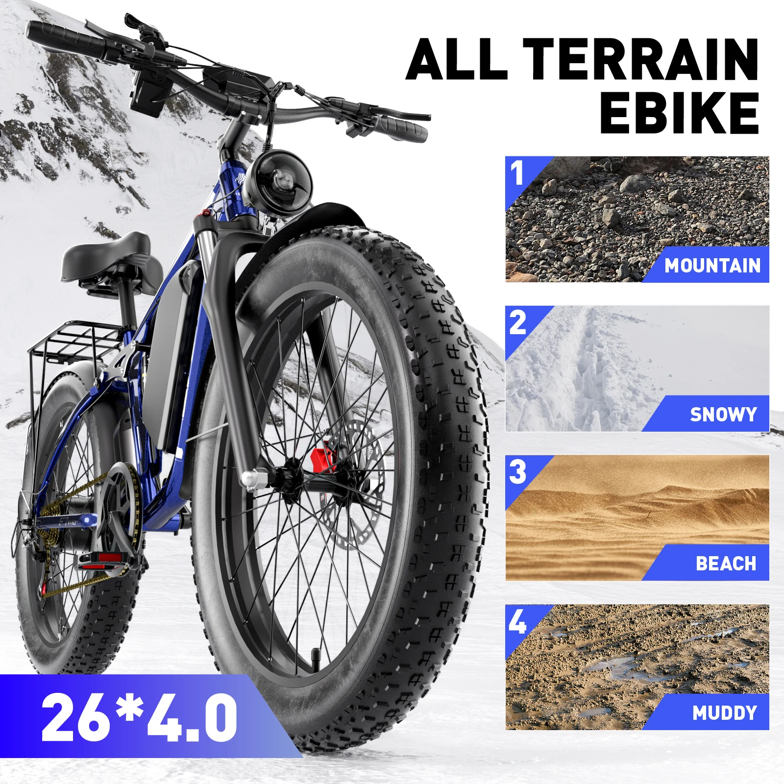 FENGQS F7PRO Adult Outdoor Mountain Ebike 1000W 52V 23Ah Electric Bike 26*4.0" Fat Tire Hydraulic Disc Brakes Electric Bicycle