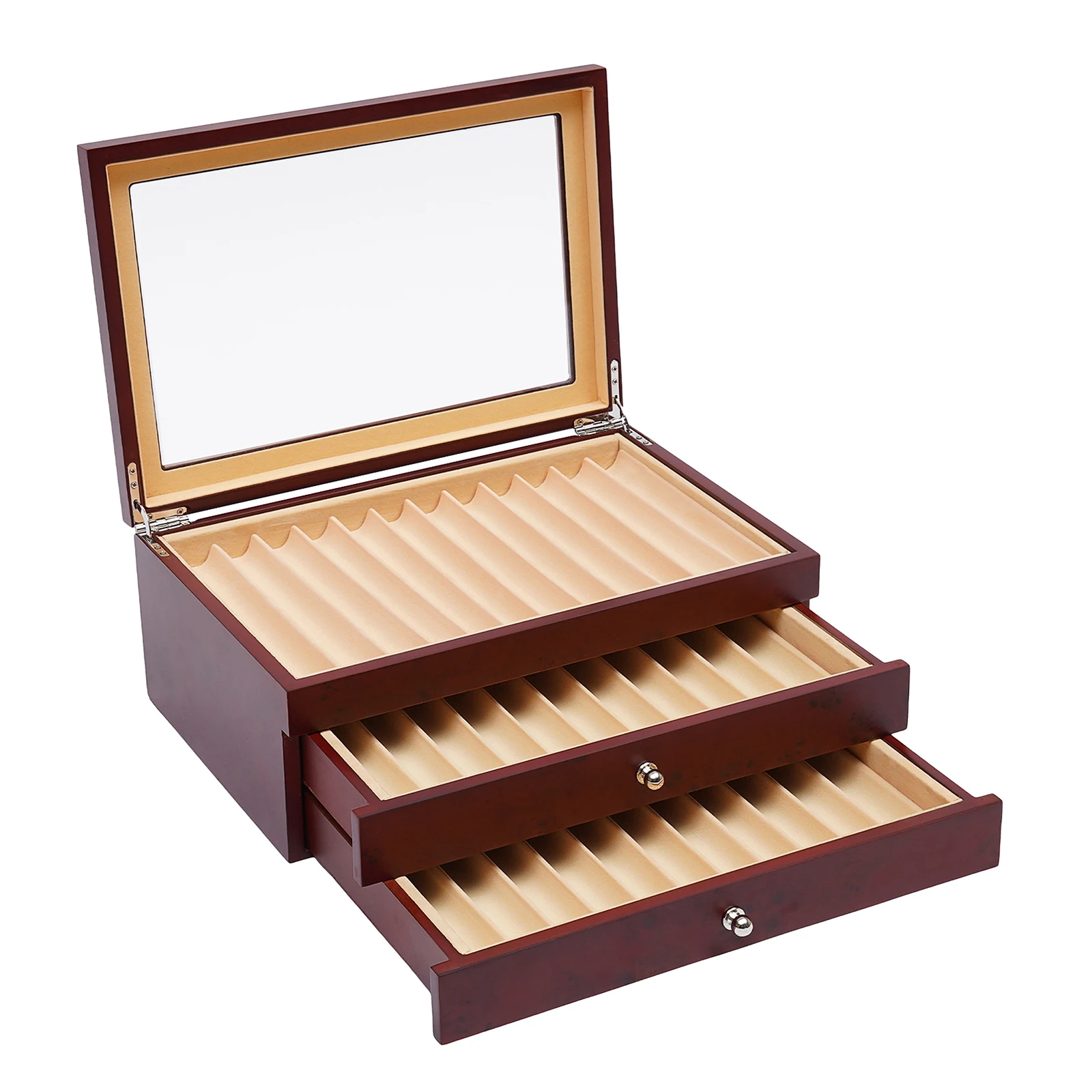 34 Slots Pen Display Case, Wood Fountain Pen Display Case W/ Transparent Top Lid for Storing Many Different Types of Pens