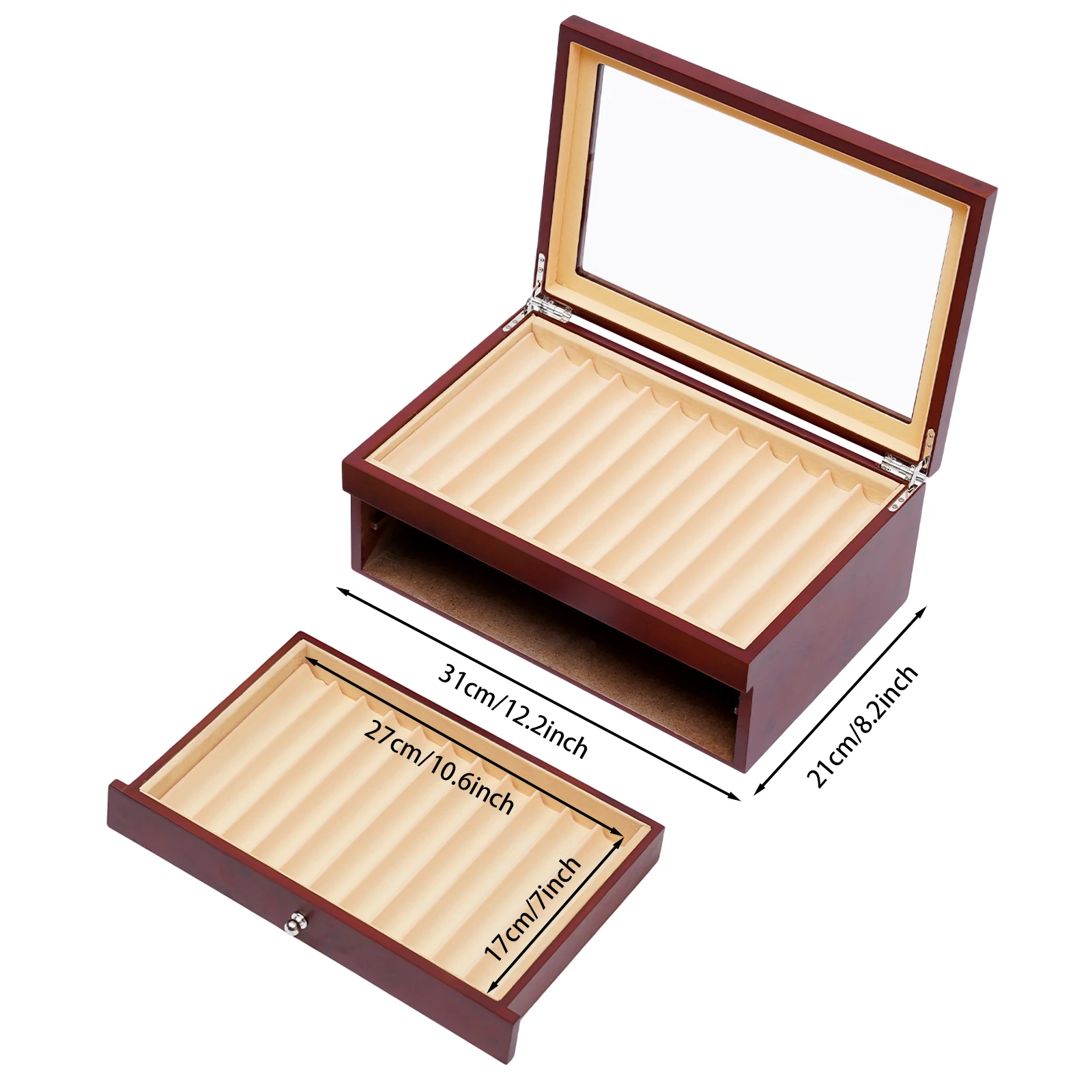 34 Slots Pen Display Case, Wood Fountain Pen Display Case W/ Transparent Top Lid for Storing Many Different Types of Pens