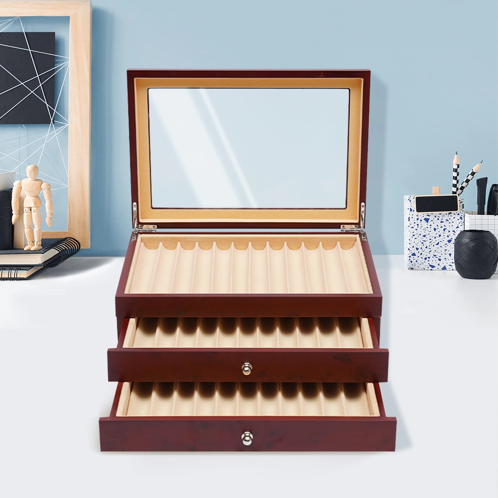34 Slots Pen Display Case, Wood Fountain Pen Display Case W/ Transparent Top Lid for Storing Many Different Types of Pens