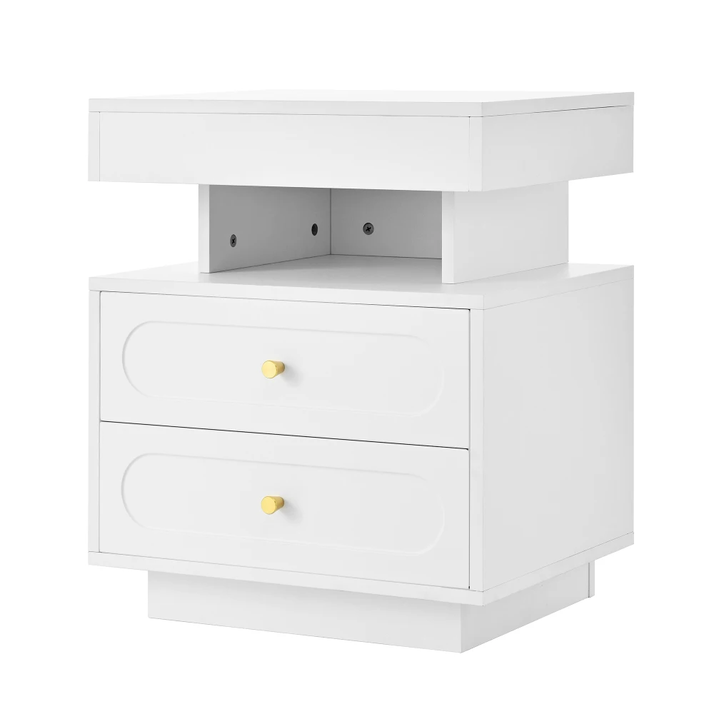 PINGGO LED Nightstand 2 Drawers 1 Open Storage Space White Bedside Cabinet Size 100x40x60cm Bedroom Furniture