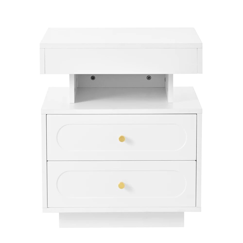 PINGGO LED Nightstand 2 Drawers 1 Open Storage Space White Bedside Cabinet Size 100x40x60cm Bedroom Furniture